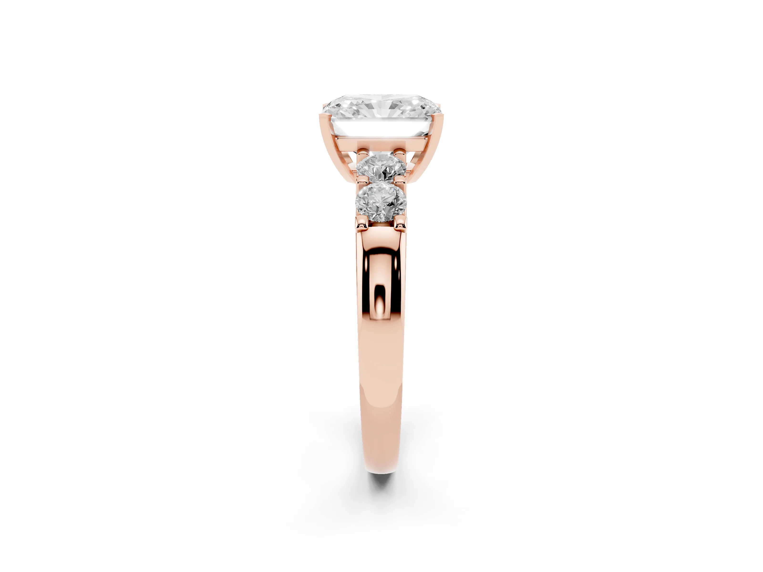 Radiant Cut Diamond Five-Stone Prong Set Engagement Ring Set in Rose gold with Channel Band