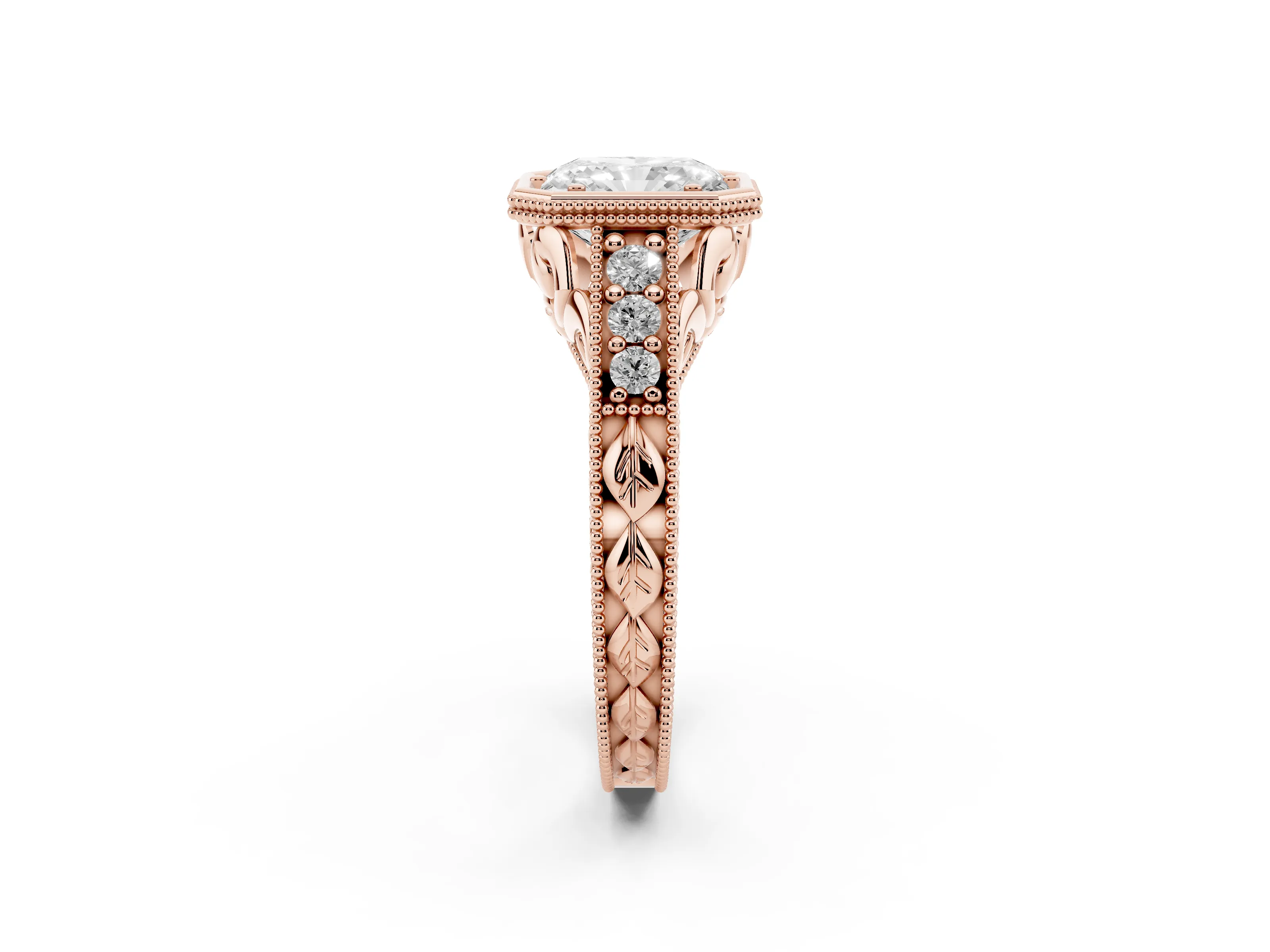 Bezel Set Radiant Cut Diamond Milgrain Pavé Engagement Ring Set in Rose gold