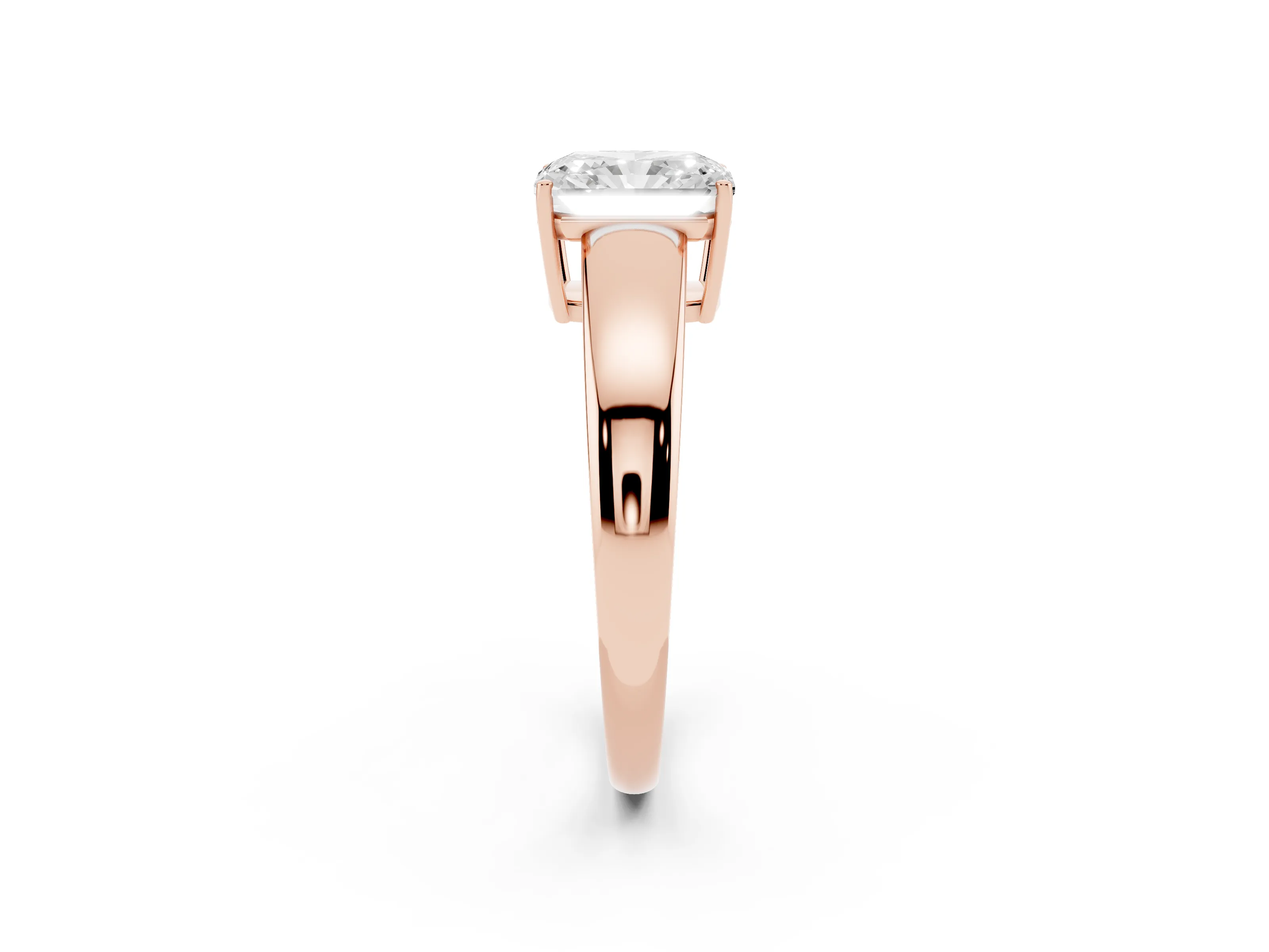 Radiant Cut Diamond Solitaire Ring Set in Rose gold with Tapered Band and Prong Setting