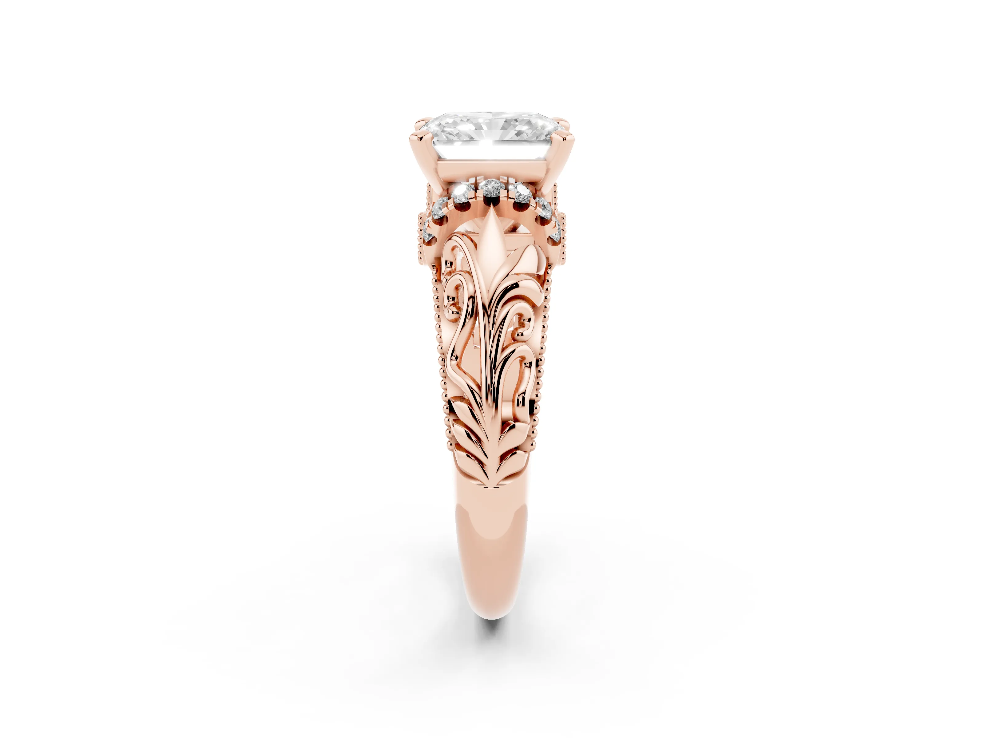 Radiant Cut Diamond Filigree Halo Engagement Ring Set in Rose gold with Prong Setting