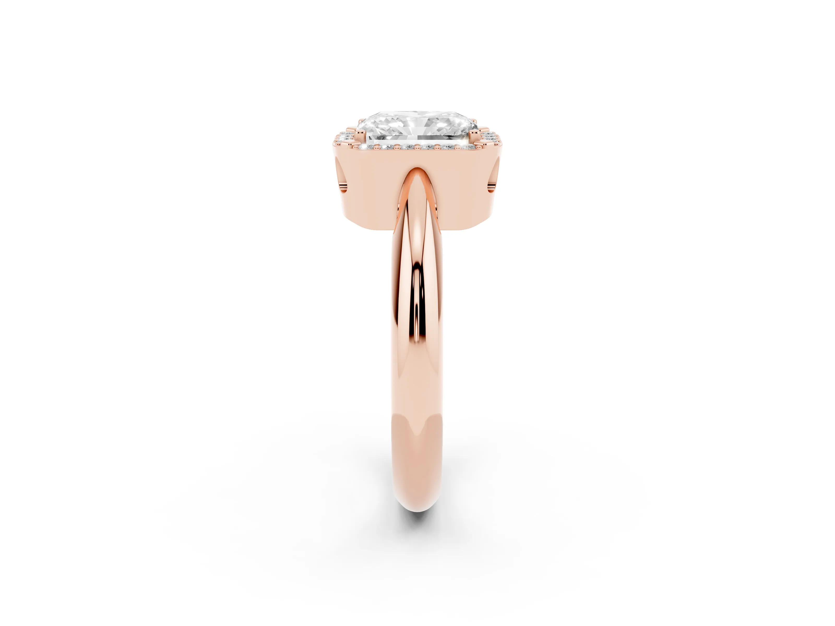 Radiant Cut Diamond Halo Engagement Ring Set in Rose gold with Plain Split Shank and Prong Setting