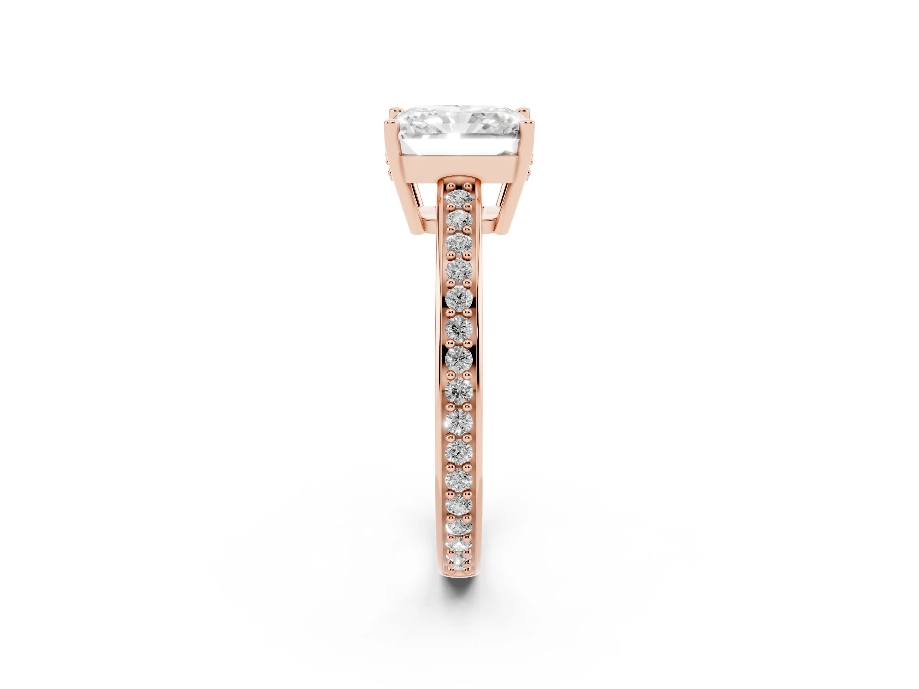 Radiant Cut Diamond Pavé Band Prong Set Solitaire Ring Set in Rose gold