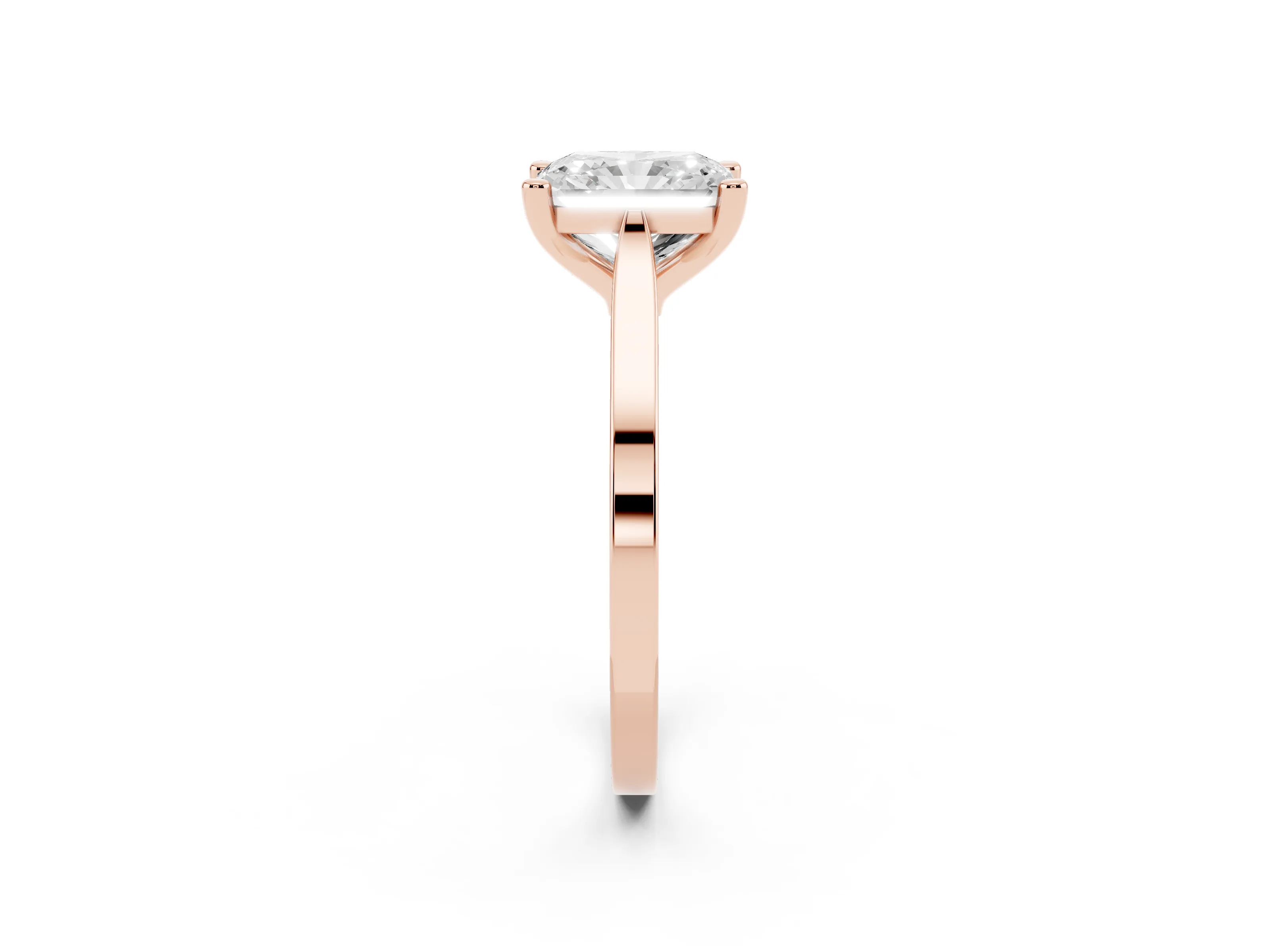 Radiant Cut Diamond Solitaire Ring Set in Rose gold with Prong Setting and Tapered Band