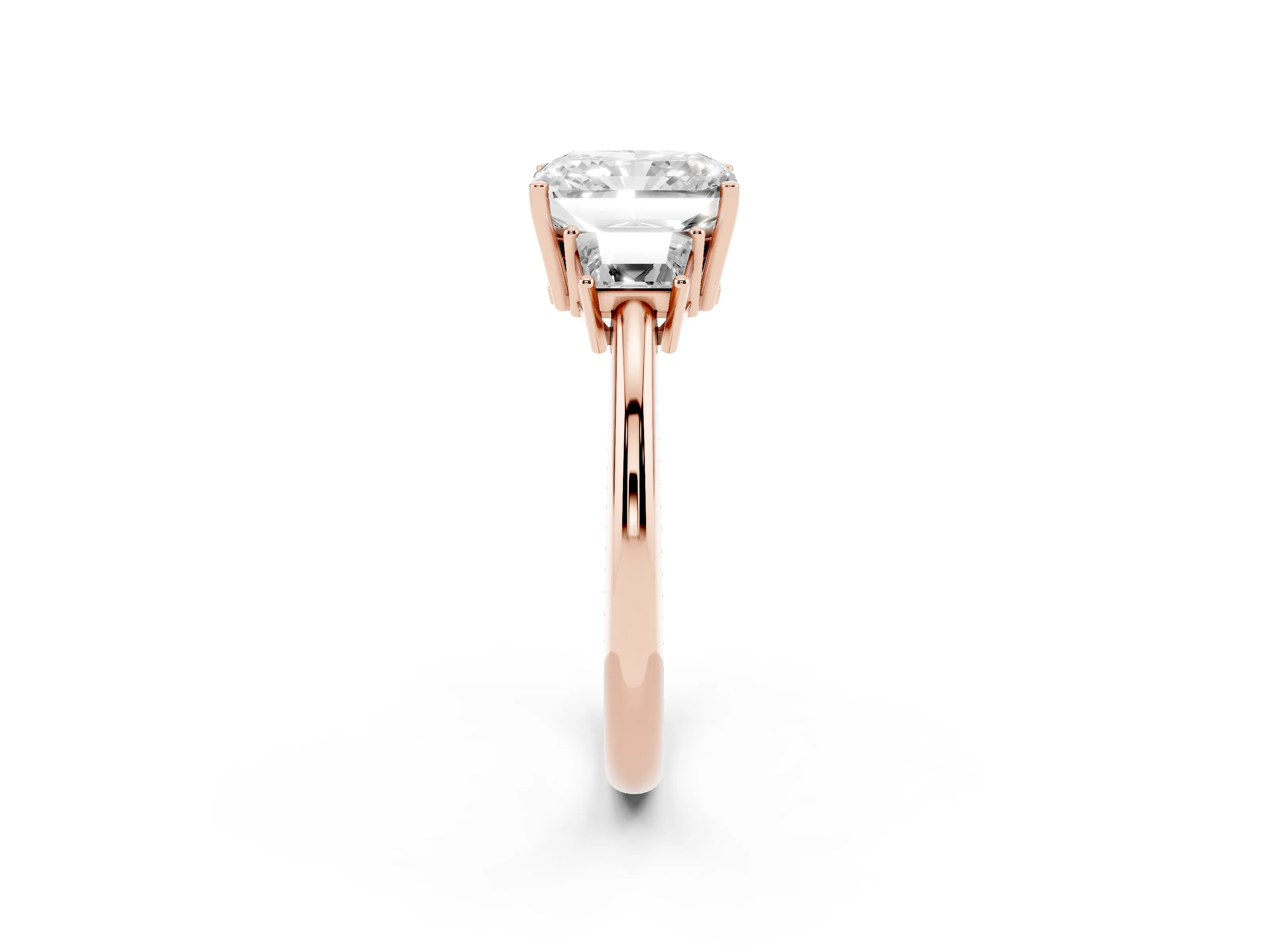 Radiant Cut Diamond Three-Stone Ring Set in Rose gold with Trapezoid Side Stones and Prong Setting