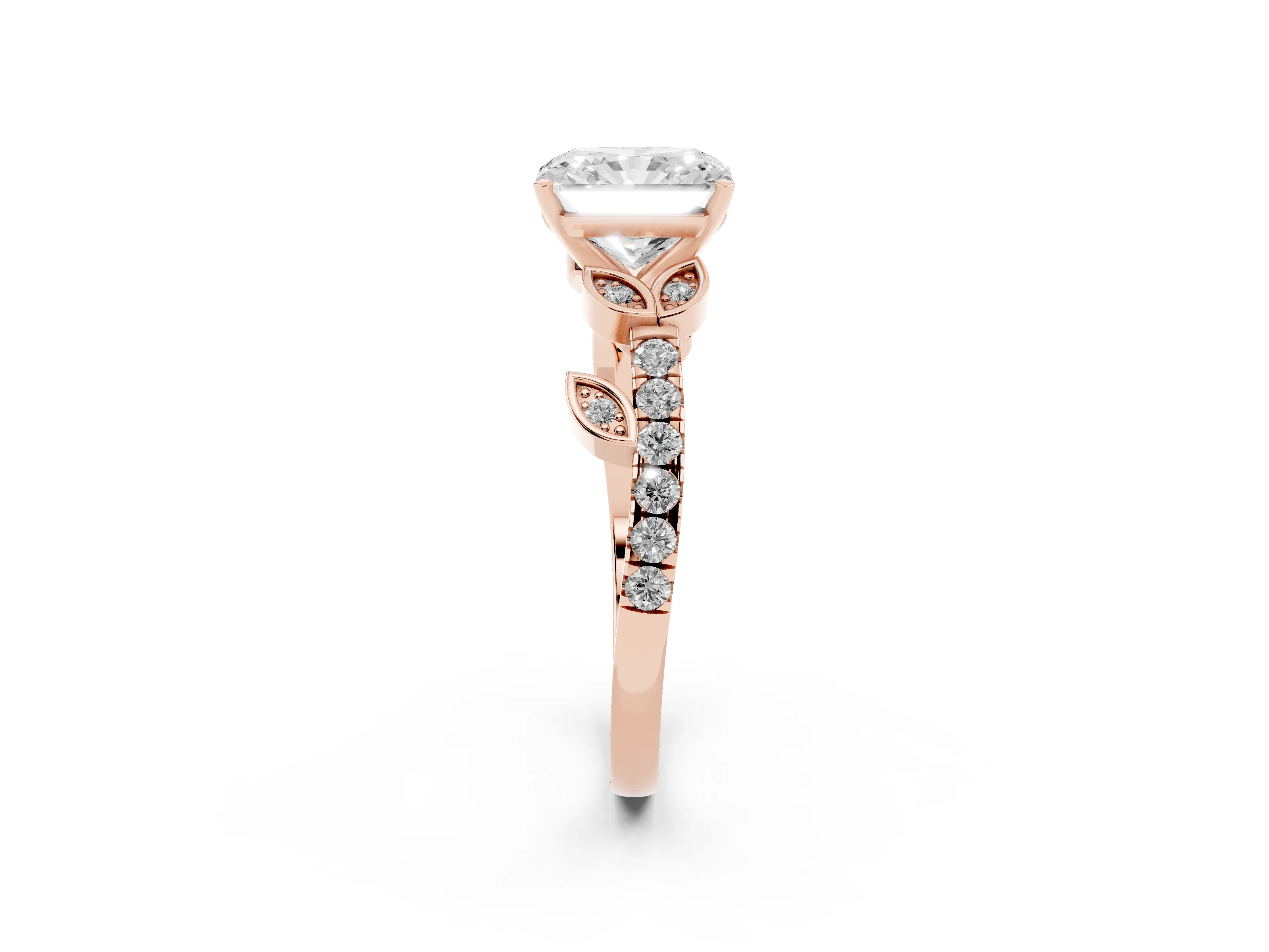 Radiant Cut Diamond Solitaire Leaf-Inspired Ring Set in Rose gold with Pavé Band and Prong Setting