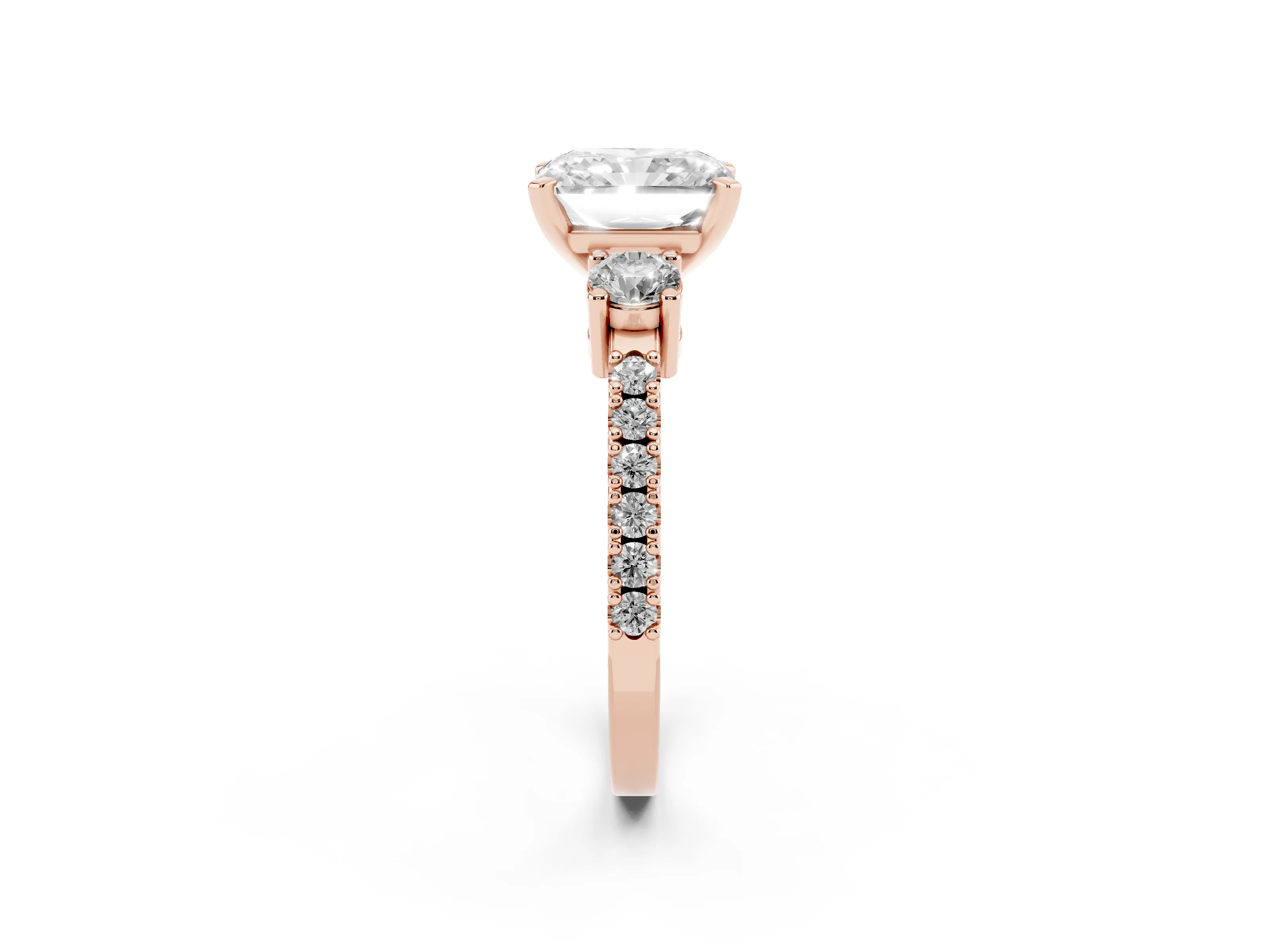 Three-Stone Radiant Cut Diamond Pavé Band Ring Set in Rose gold with Prong Setting