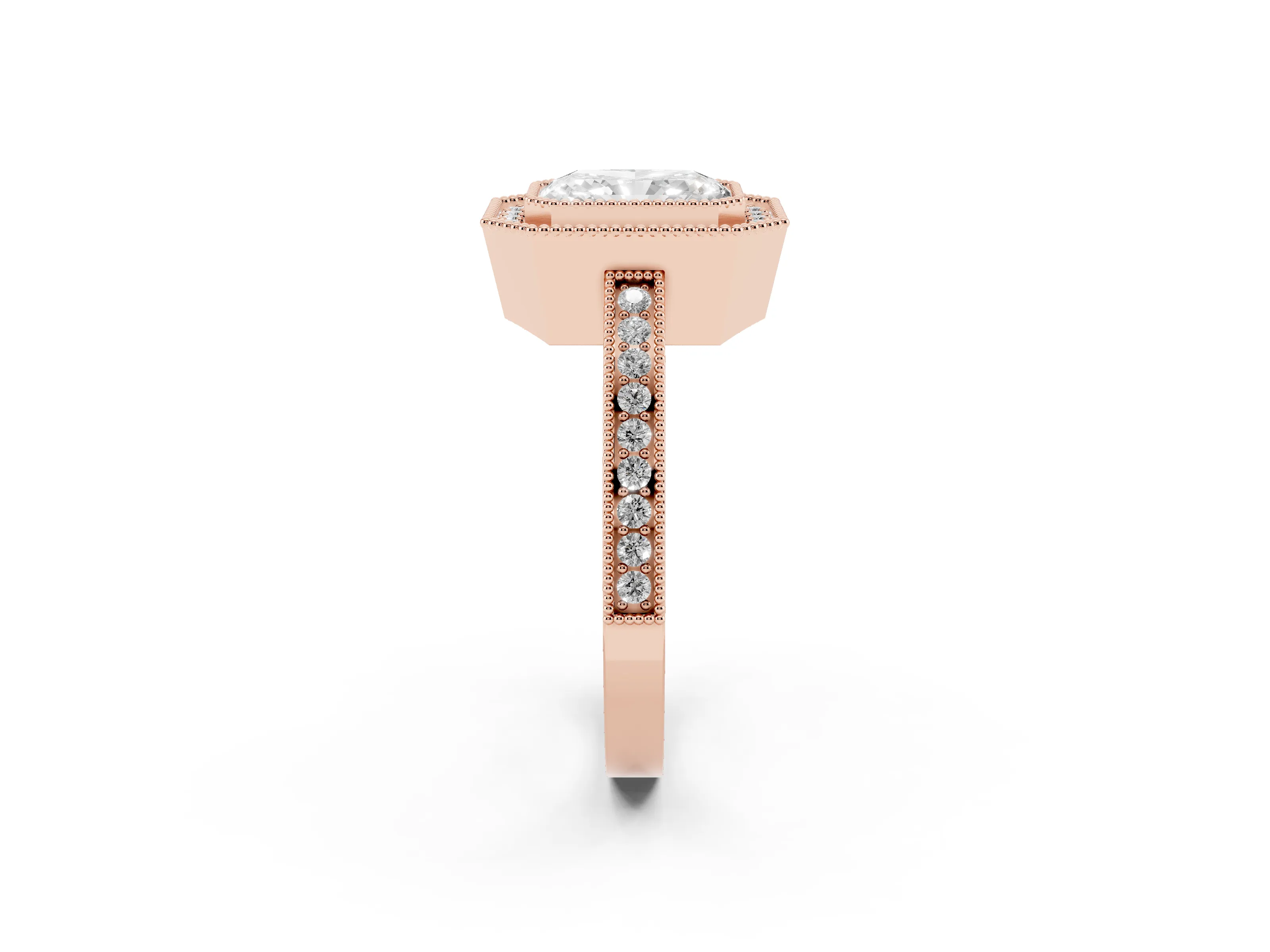 Radiant Cut Diamond Halo Ring Set in Rose gold with Pavé Band and Milgrain-Edged Prongs