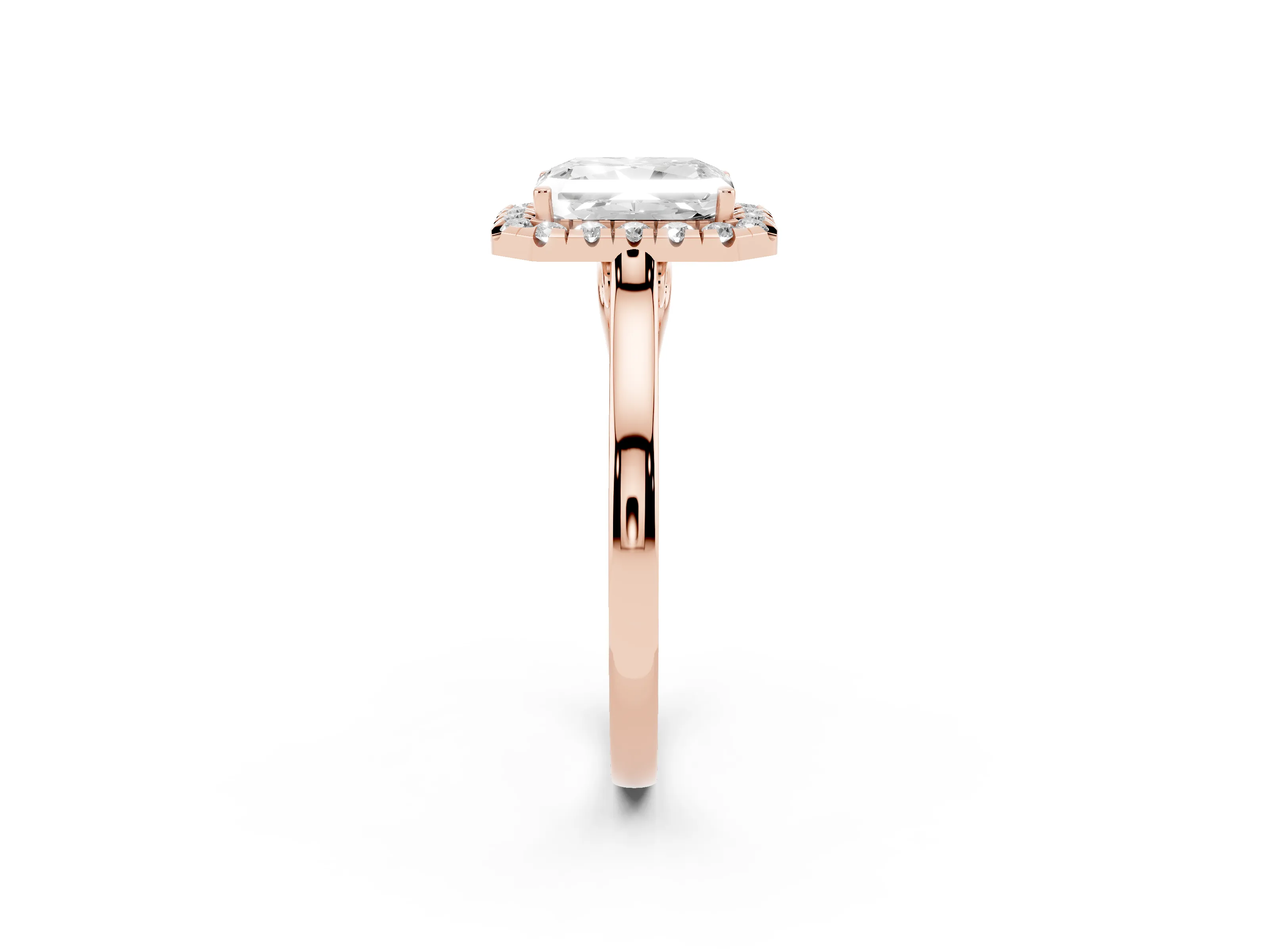 Radiant Cut Halo Round Diamond Solitaire Ring Set in Rose gold with Pavé Band and Prong Setting