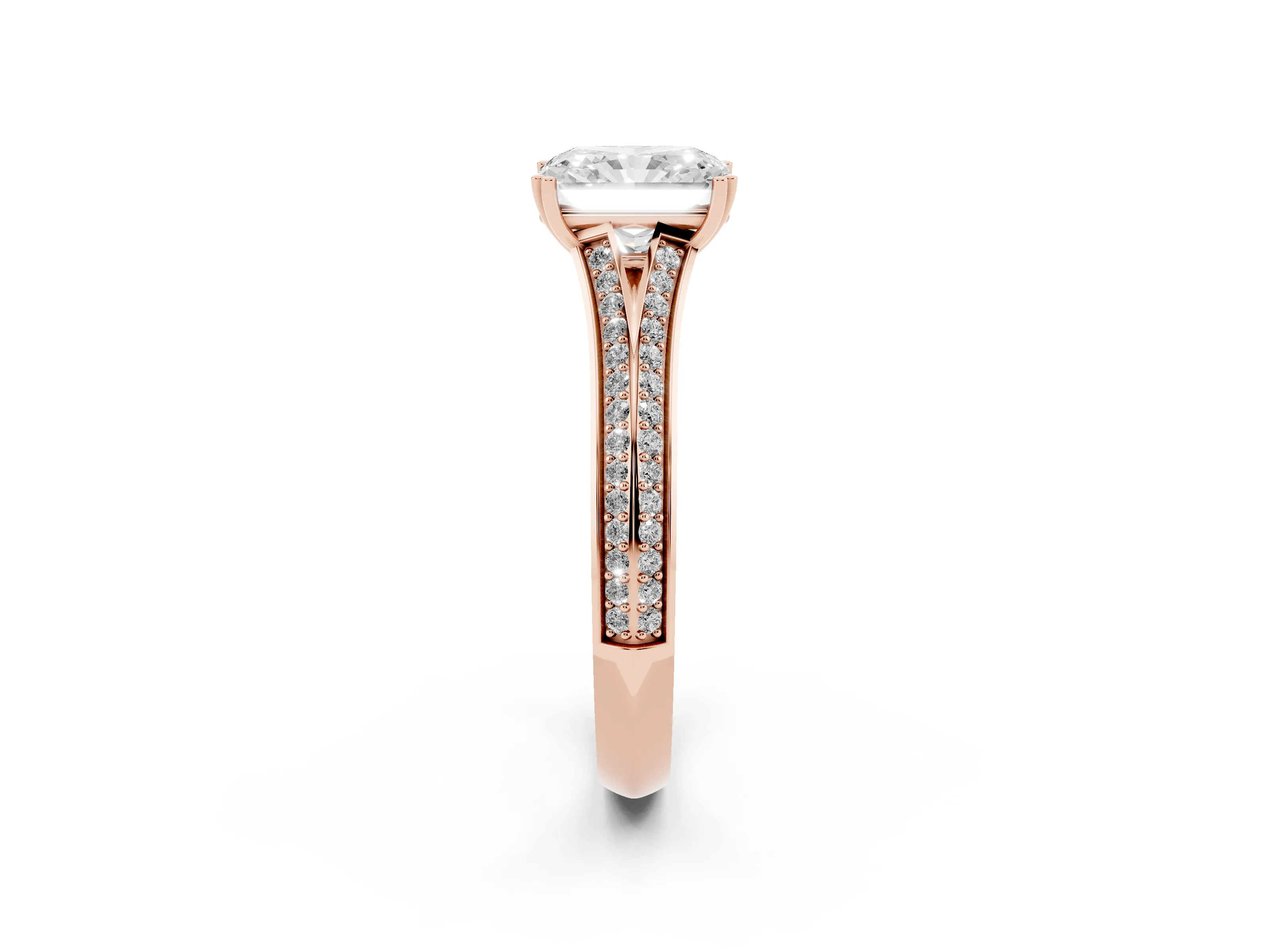 Radiant Cut Diamond Split Shank Pavé Engagement Ring Set in Rose gold with Prong-Set Center Stone