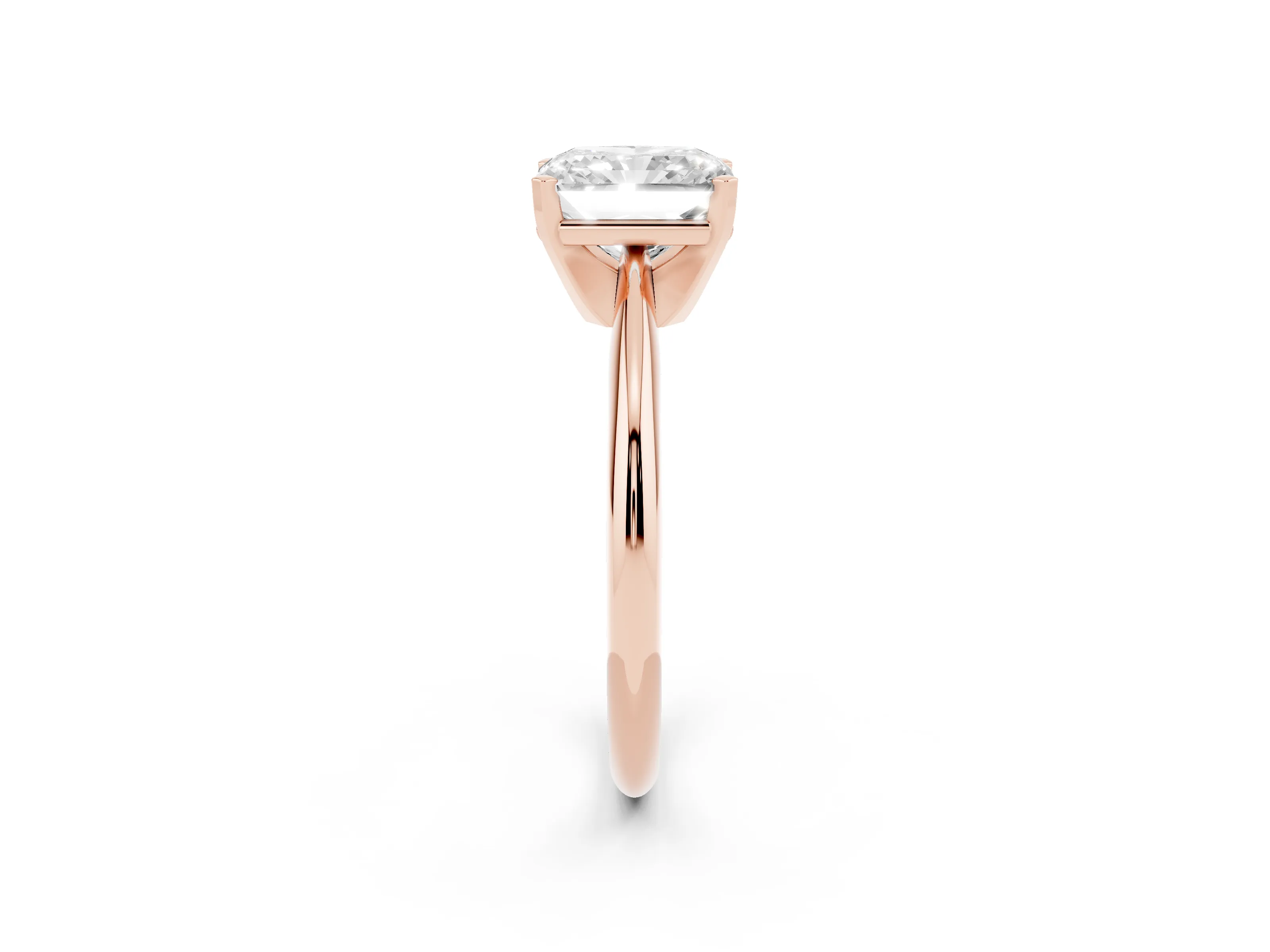 Radiant Cut Diamond Solitaire Ring Set in Rose gold with Prong Setting on a Plain Round Band