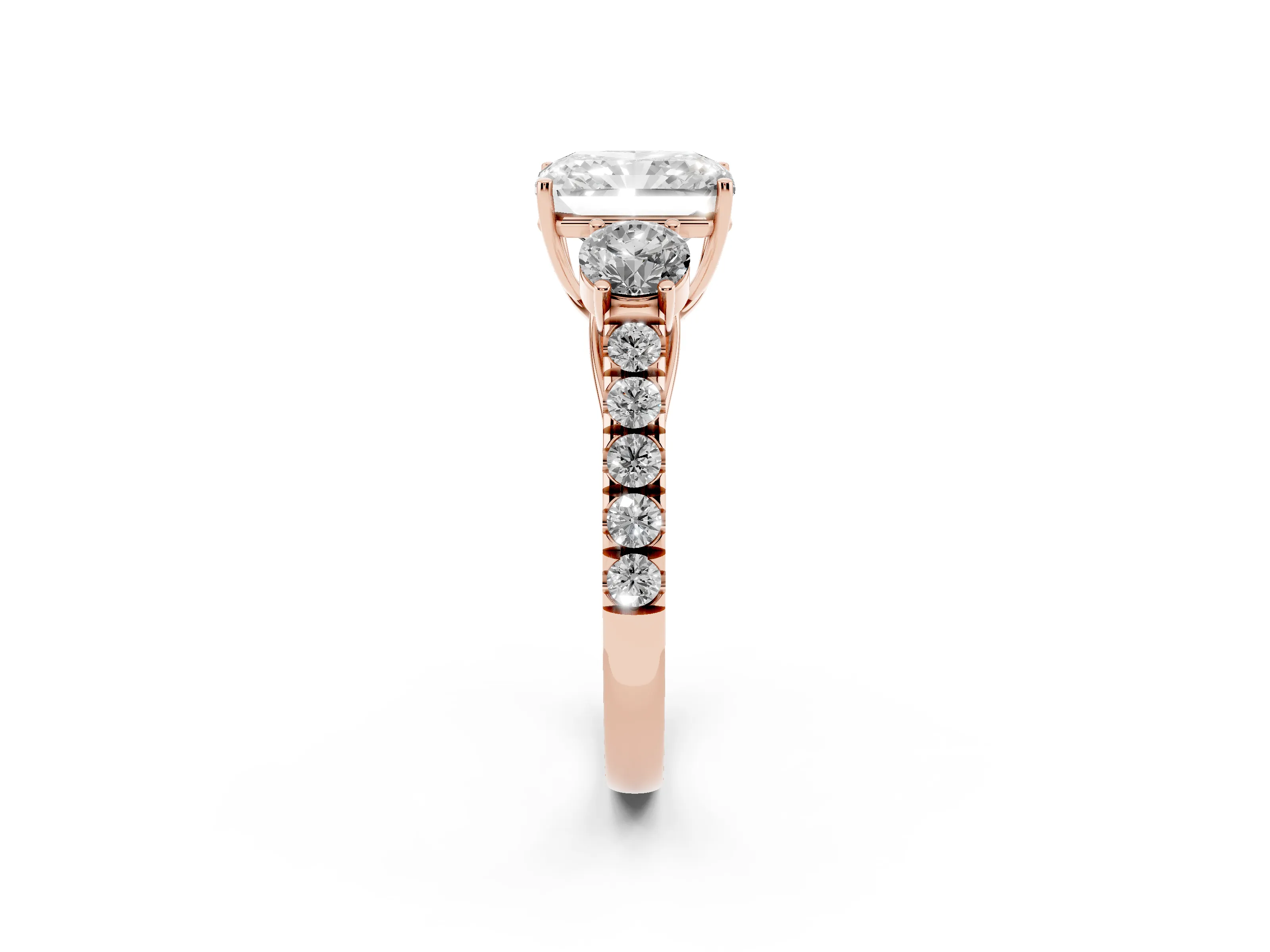 Radiant Cut Diamond Three-Stone Ring Set in Rose gold with Round Side Stones and Delicate Pavé Band