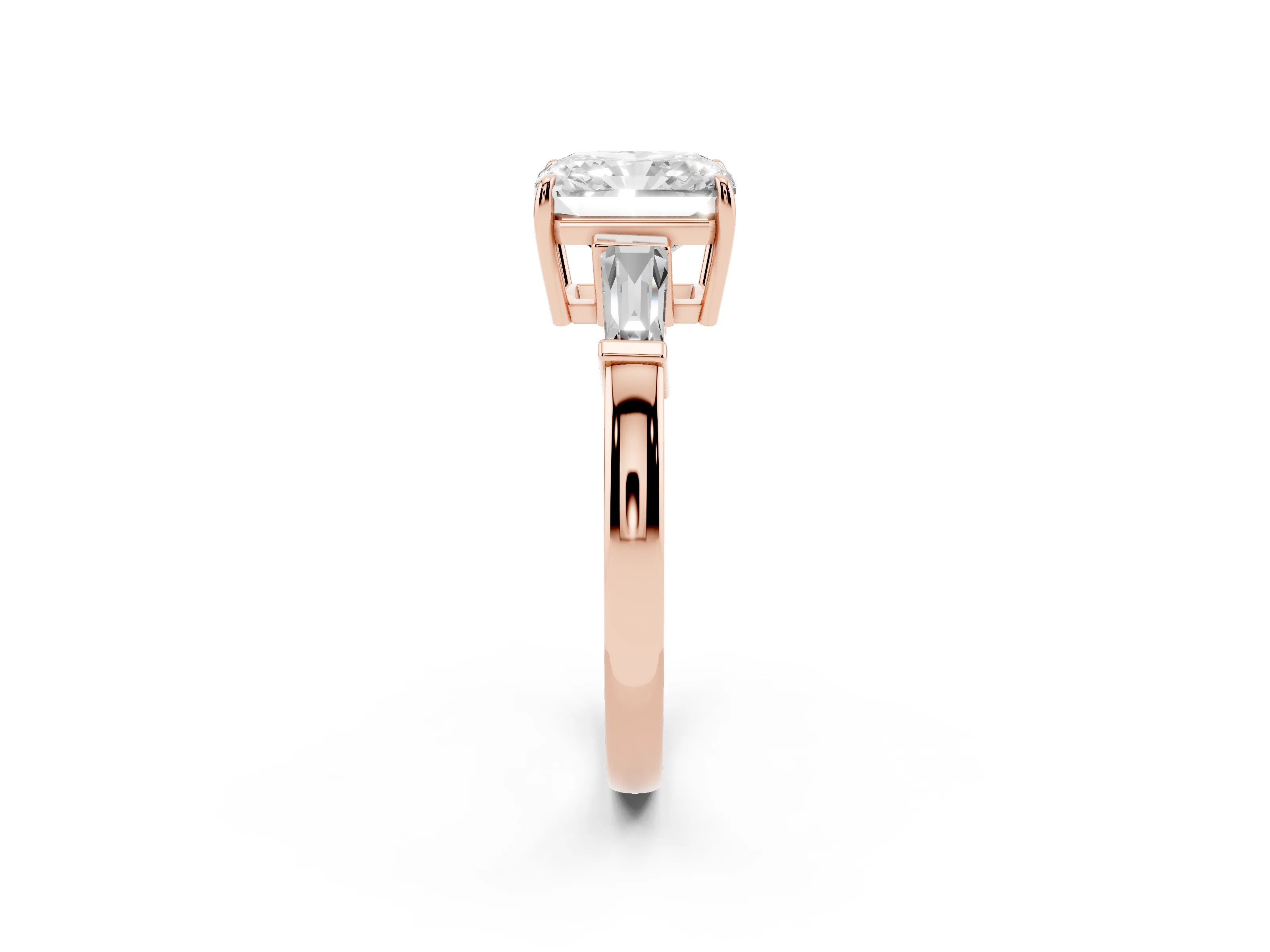 Radiant Cut Diamond Three-Stone Ring Set in Rose gold with Tapered Baguette Side Stones and Prong Setting
