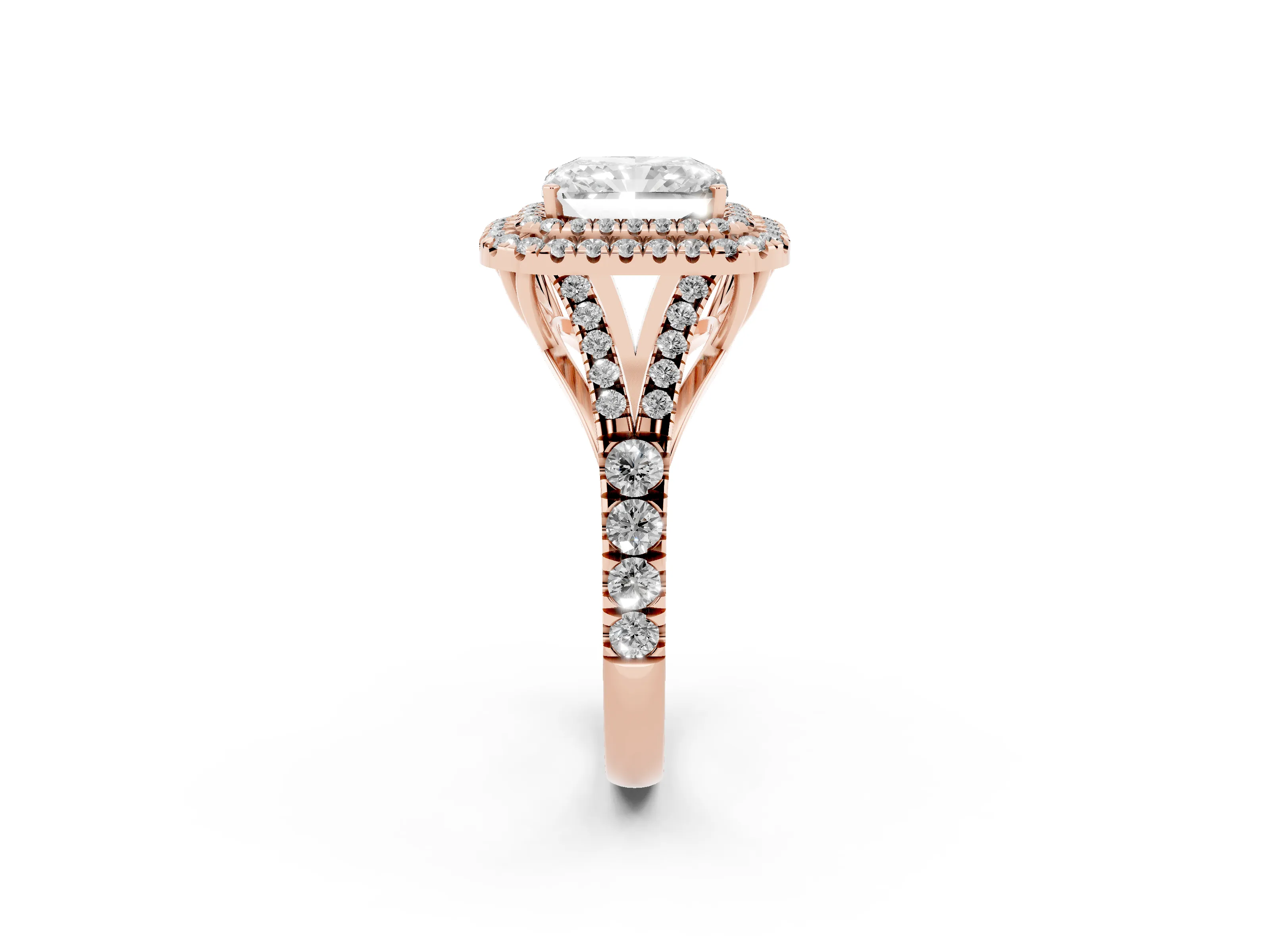 Radiant Cut Diamond Pavé Split Shank Double Halo Engagement Ring Set in Rose gold