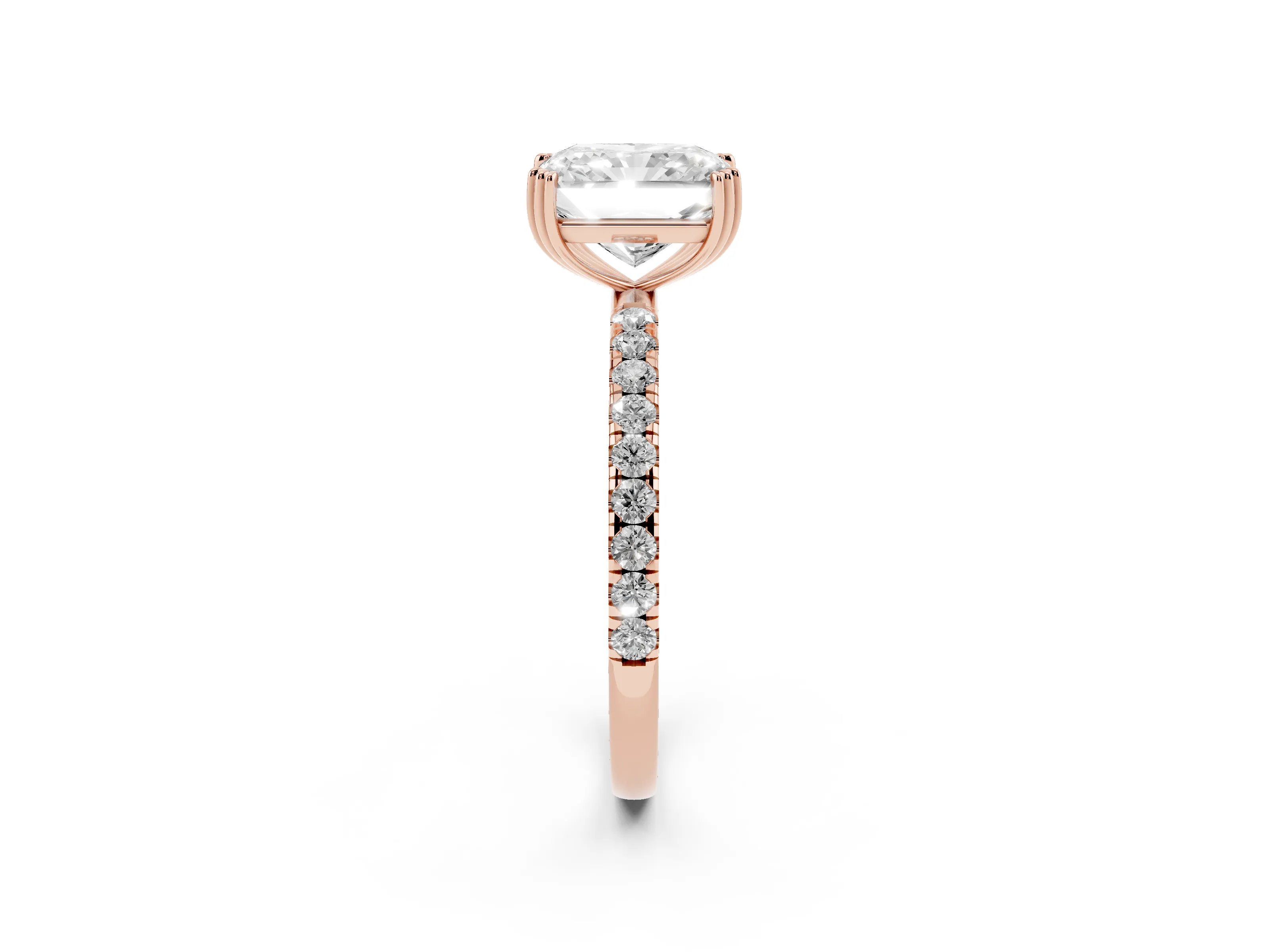 Radiant Cut Diamond Brilliant Solitaire Set in Rose gold with Pavé Band and Claw Prong Setting