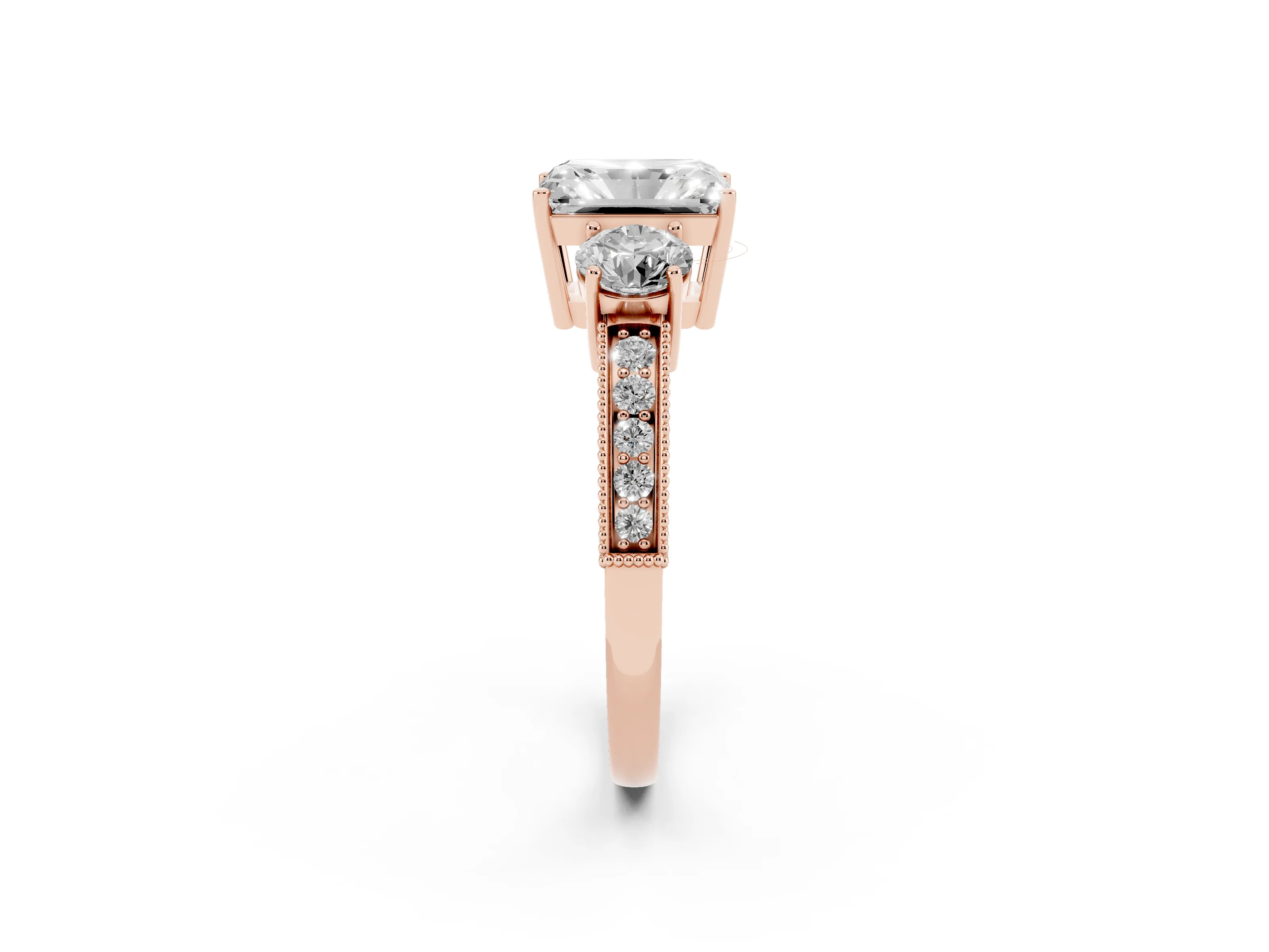 Radiant Cut Diamond Three-Stone Ring Set in Rose gold with Round Side Stones and Pavé Band