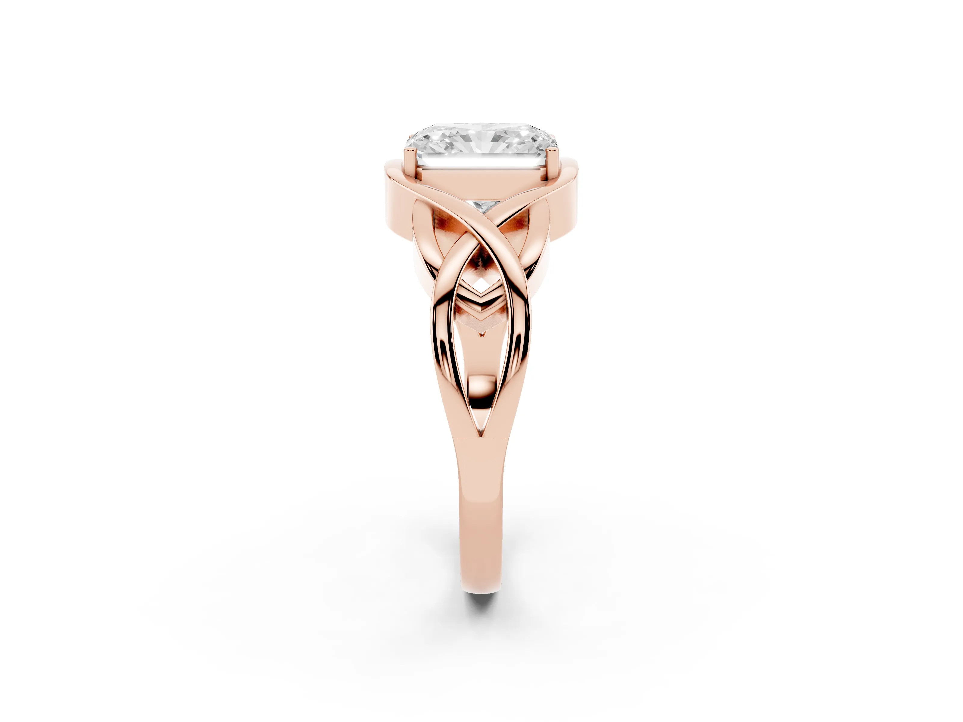 Radiant Cut Diamond Solitaire Ring Set in Rose gold with Intertwined Band