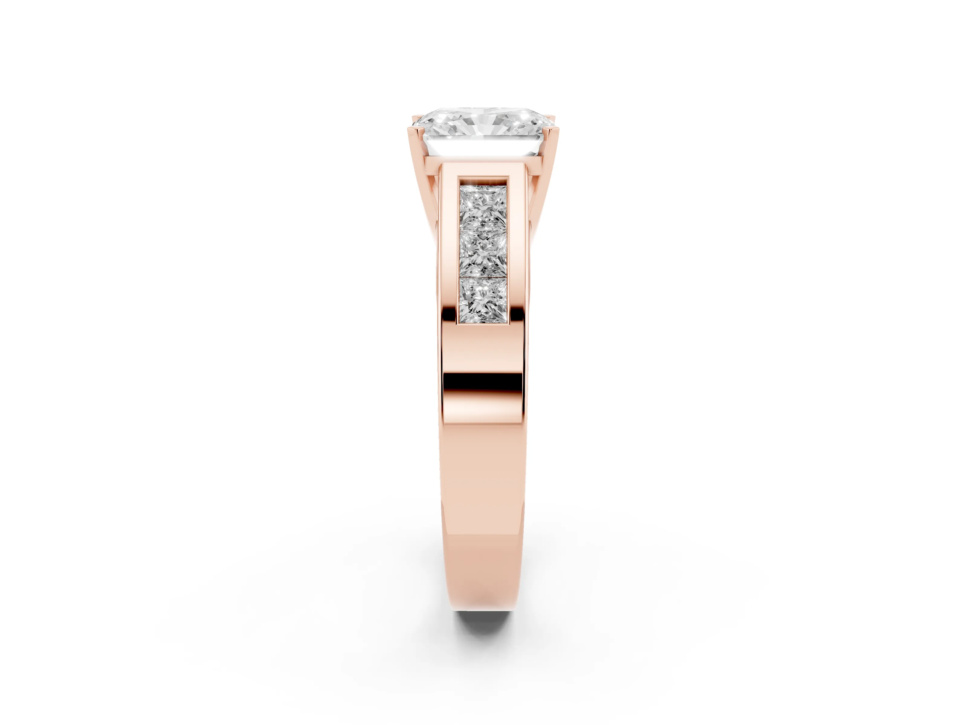 Radiant Cut Diamond Solitaire Ring Set in Rose gold with Channel-Set Accent Stones and Prong Setting
