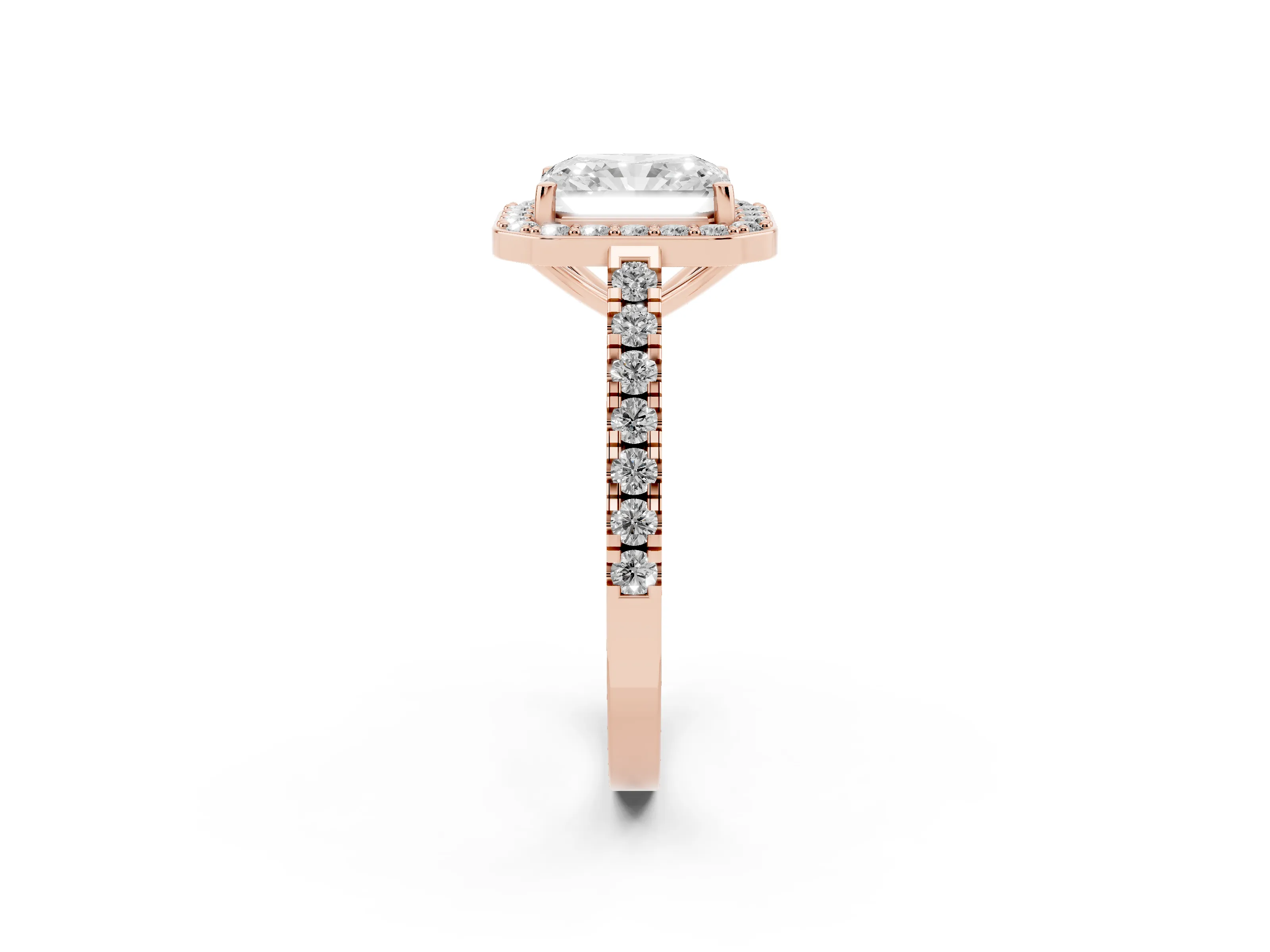 Radiant Cut Diamond Halo Ring Set in Rose gold with Round Pavé Split Shank and Prong Setting