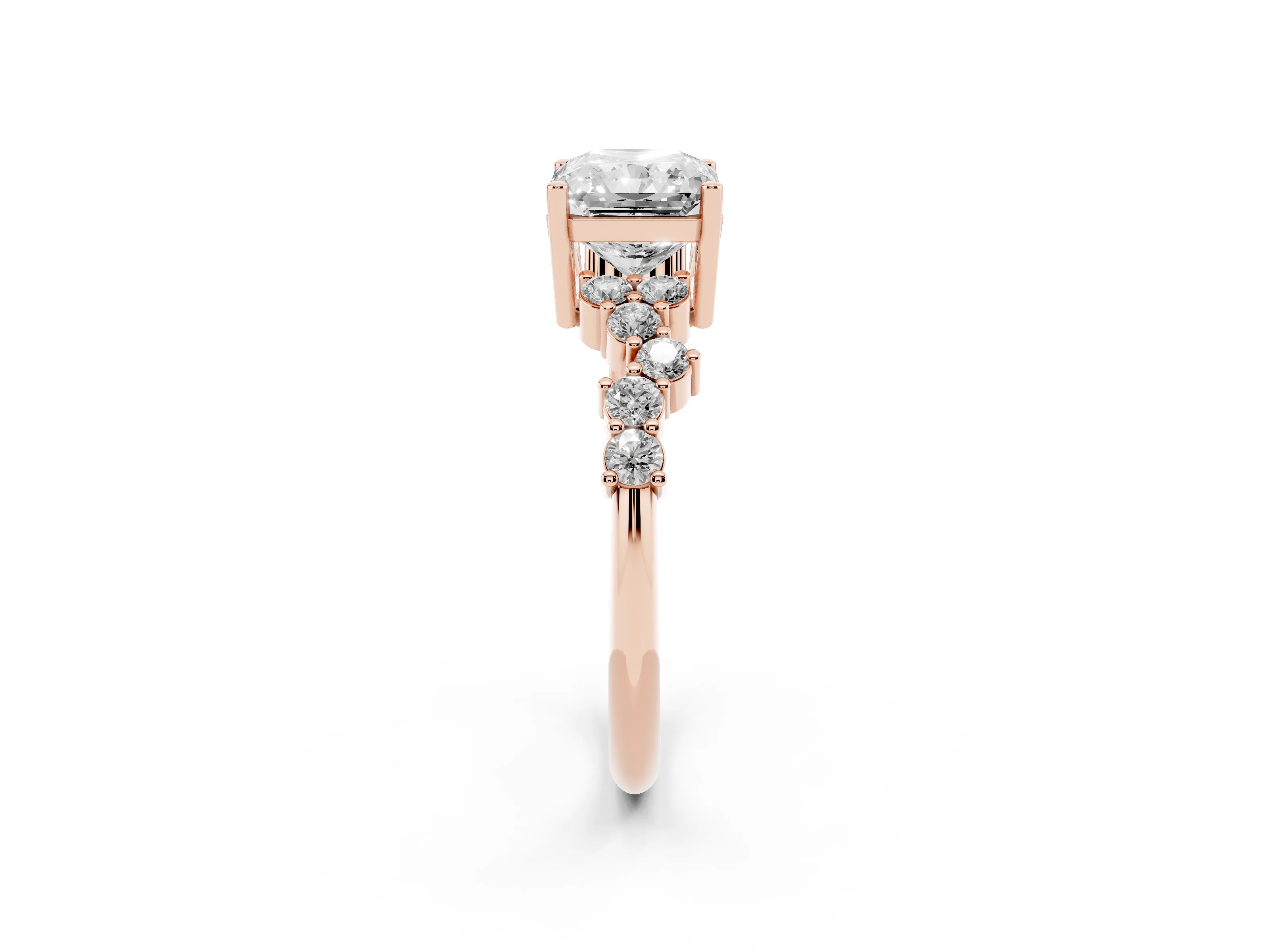 Radiant Cut Diamond Ring Set in Rose gold with Scattered Round Accents