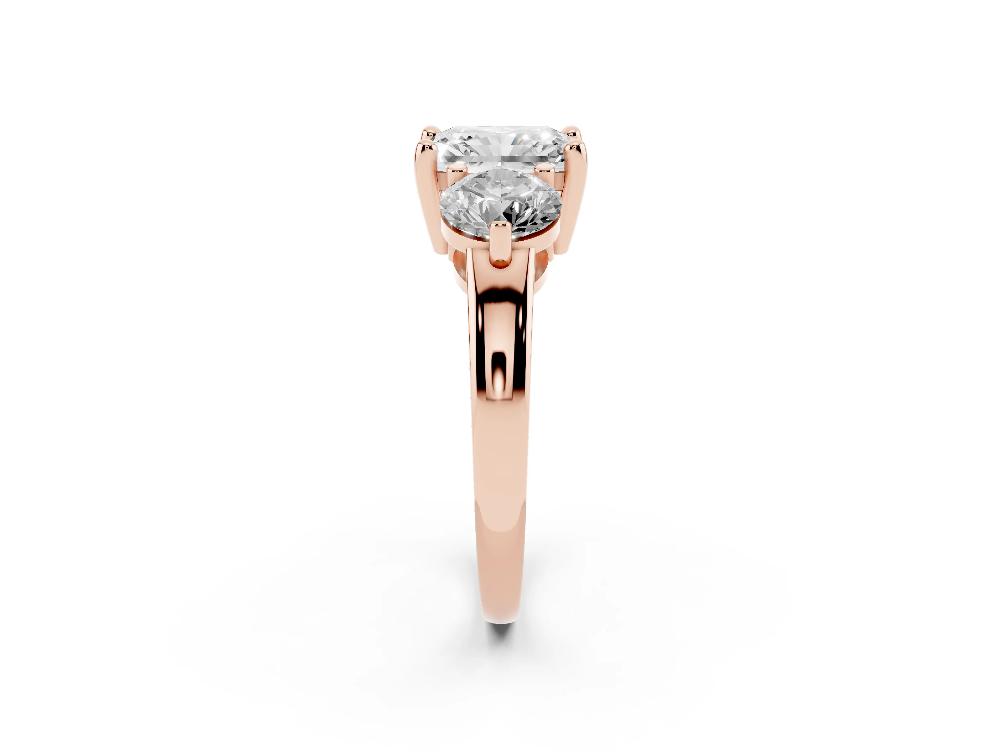 Radiant Cut Diamond Three-Stone Ring Set in Rose gold with Prong Setting and Classic Band
