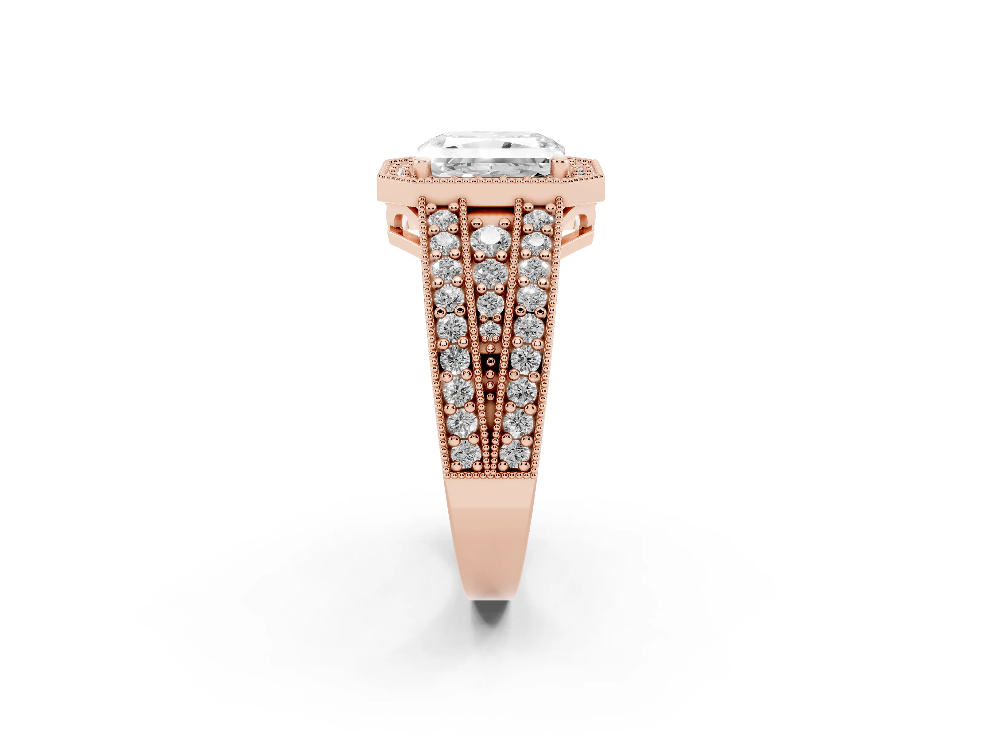 Radiant Cut Diamond Halo Ring Set in Rose gold with Accent Split Shank and Prong Setting