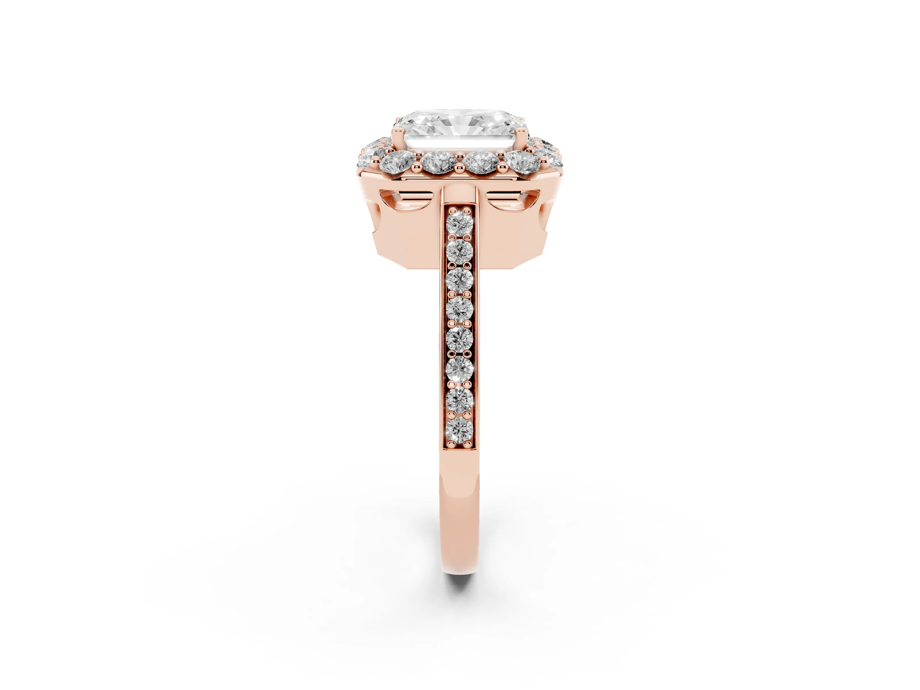 Radiant Cut Diamond Floral Halo Ring Set in Rose gold with Pavé Band and Prong Setting