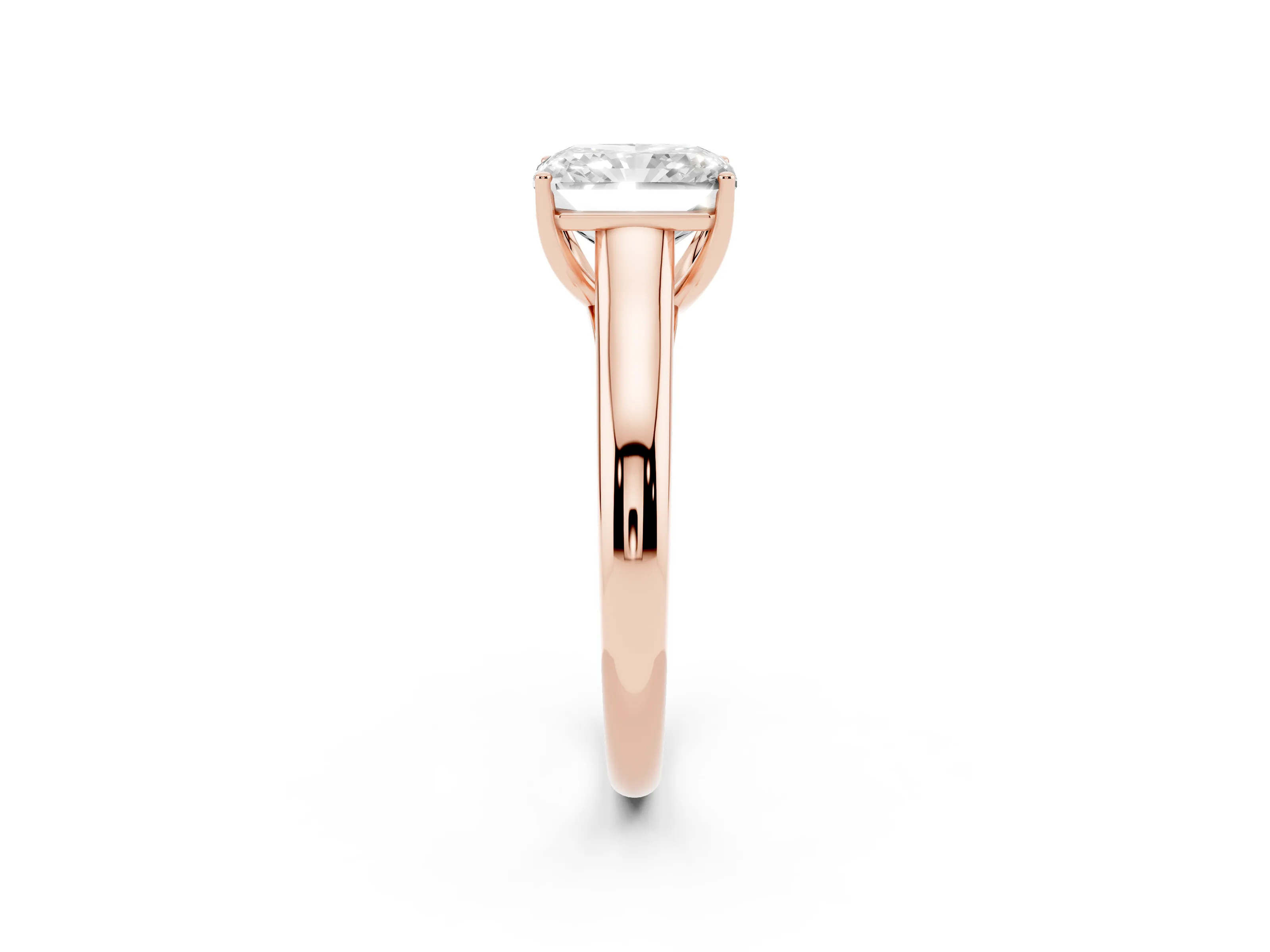 Radiant Cut Diamond Solitaire Engagement Ring Set in Rose gold with Subtly Tapered Band and Prong Setting