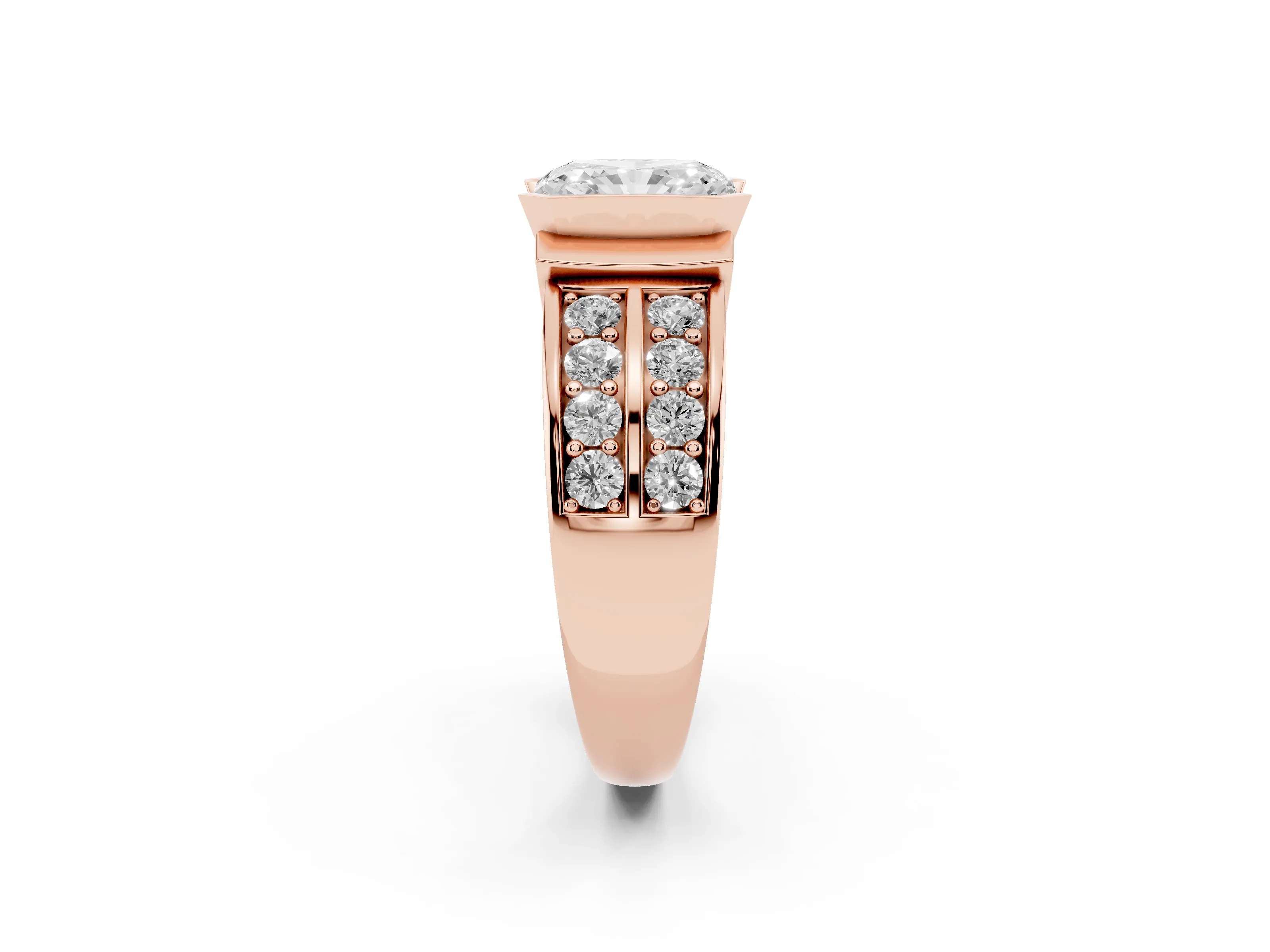 Radiant Cut Diamond Wide Channel Set Band Ring Set in Rose gold with Bezel Setting