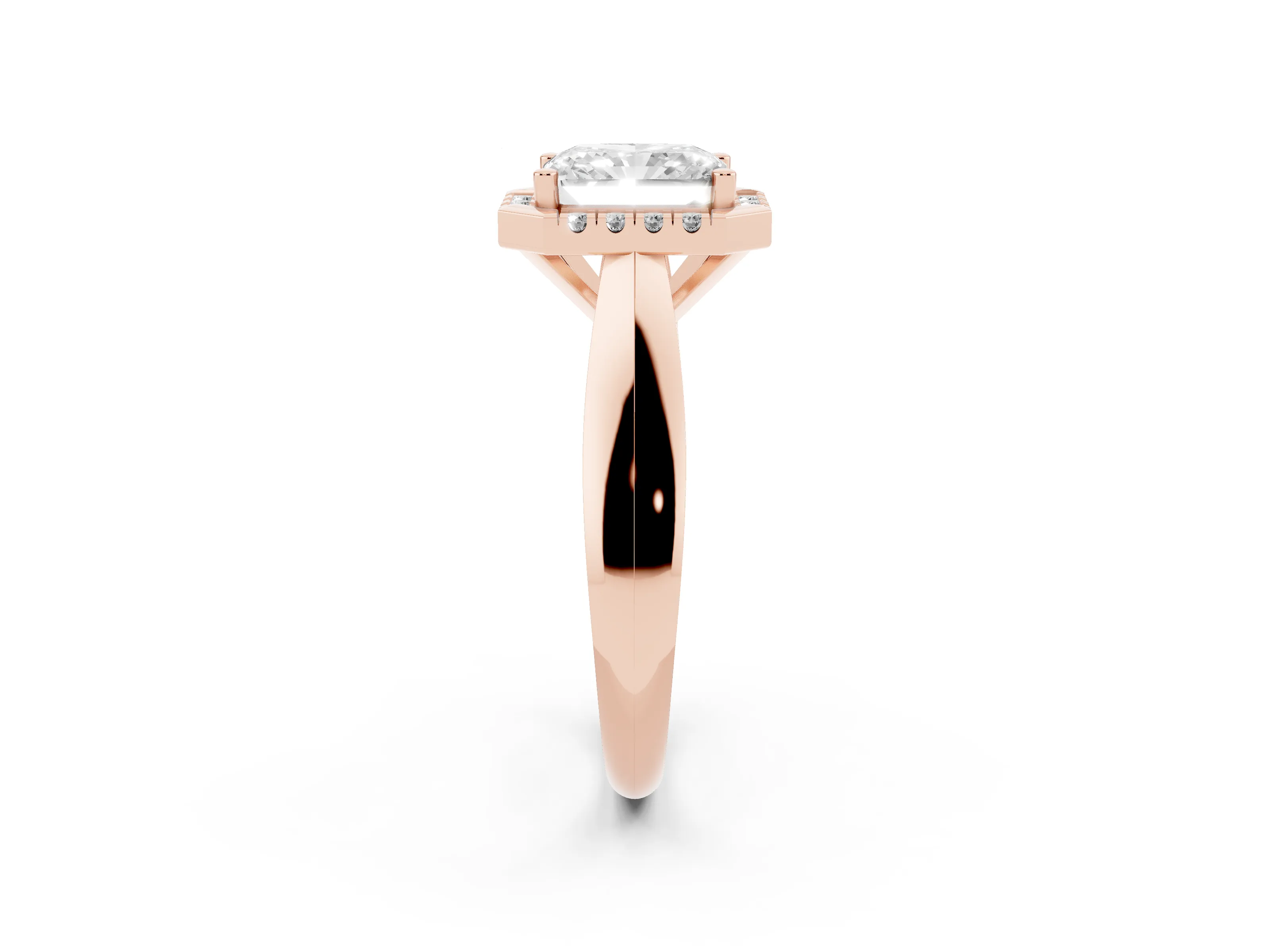 Radiant Cut Diamond Halo Solitaire Engagement Ring Set in Rose gold with Square Band and Prong Setting