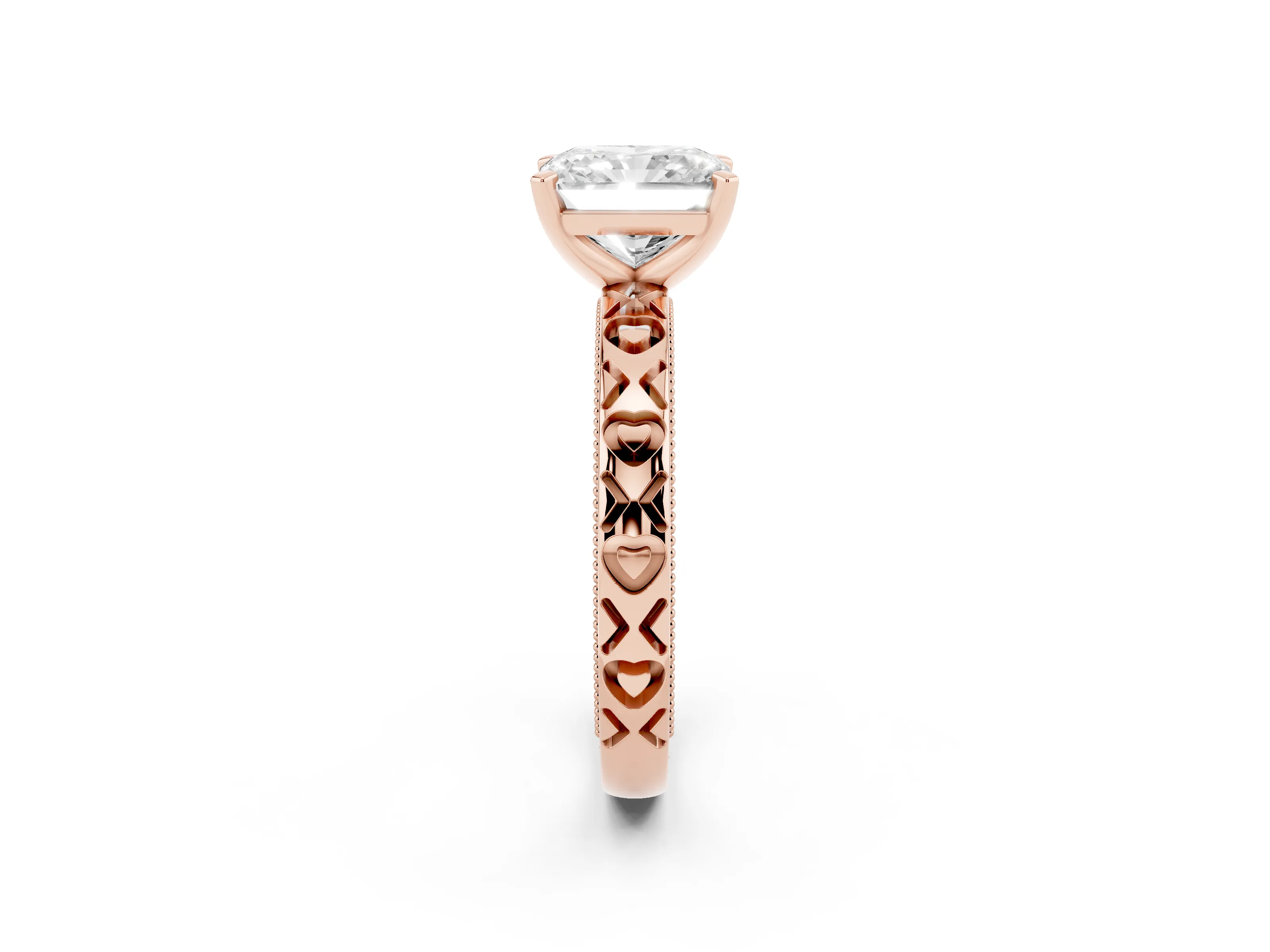 Radiant Cut Diamond Solitaire Engagement Ring Set in Rose gold with XO Engraved Band and Prong Setting