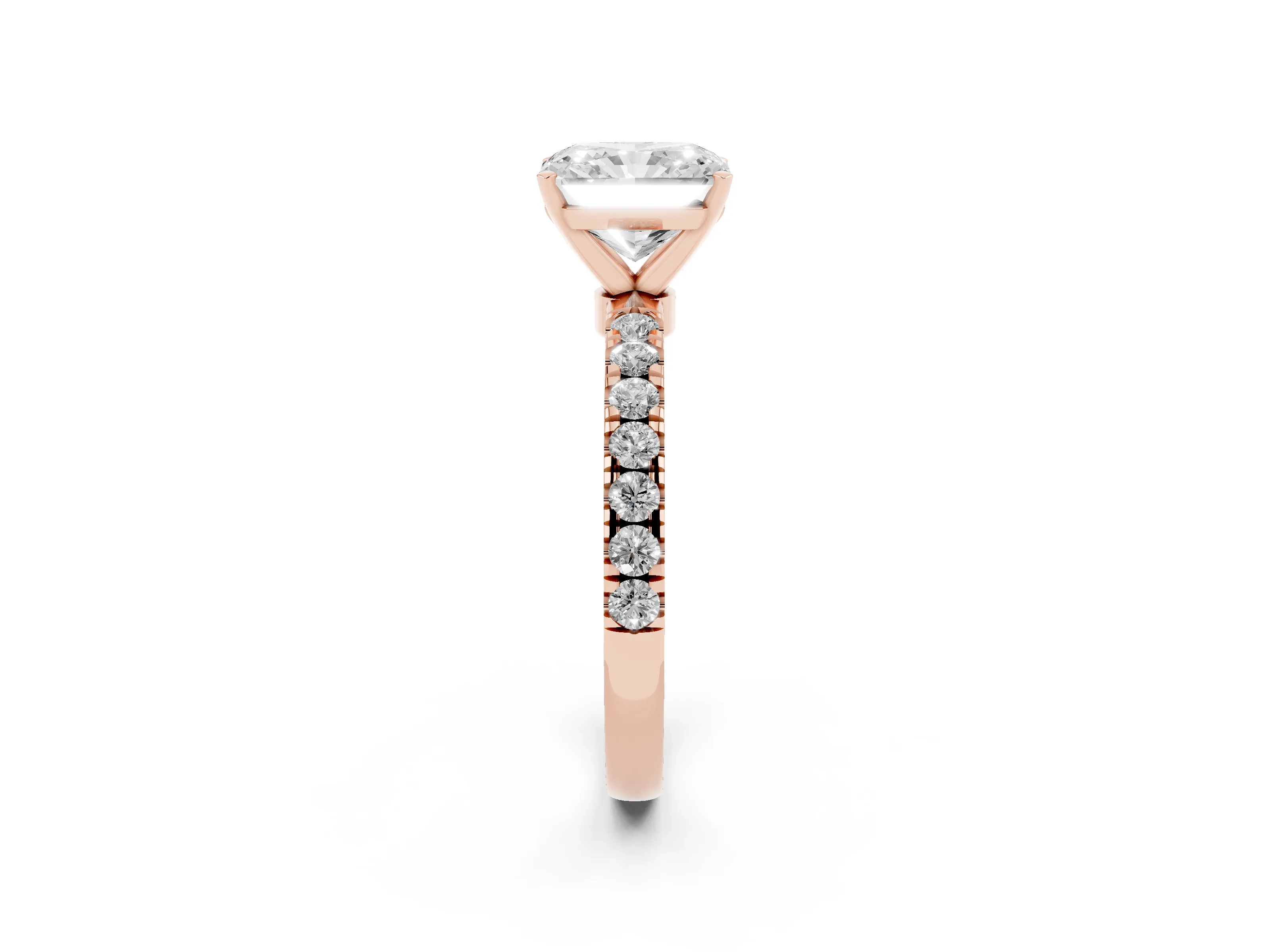 Radiant Cut Diamond Solitaire Ring Set in Rose gold with Pavé Accents and Prong Setting