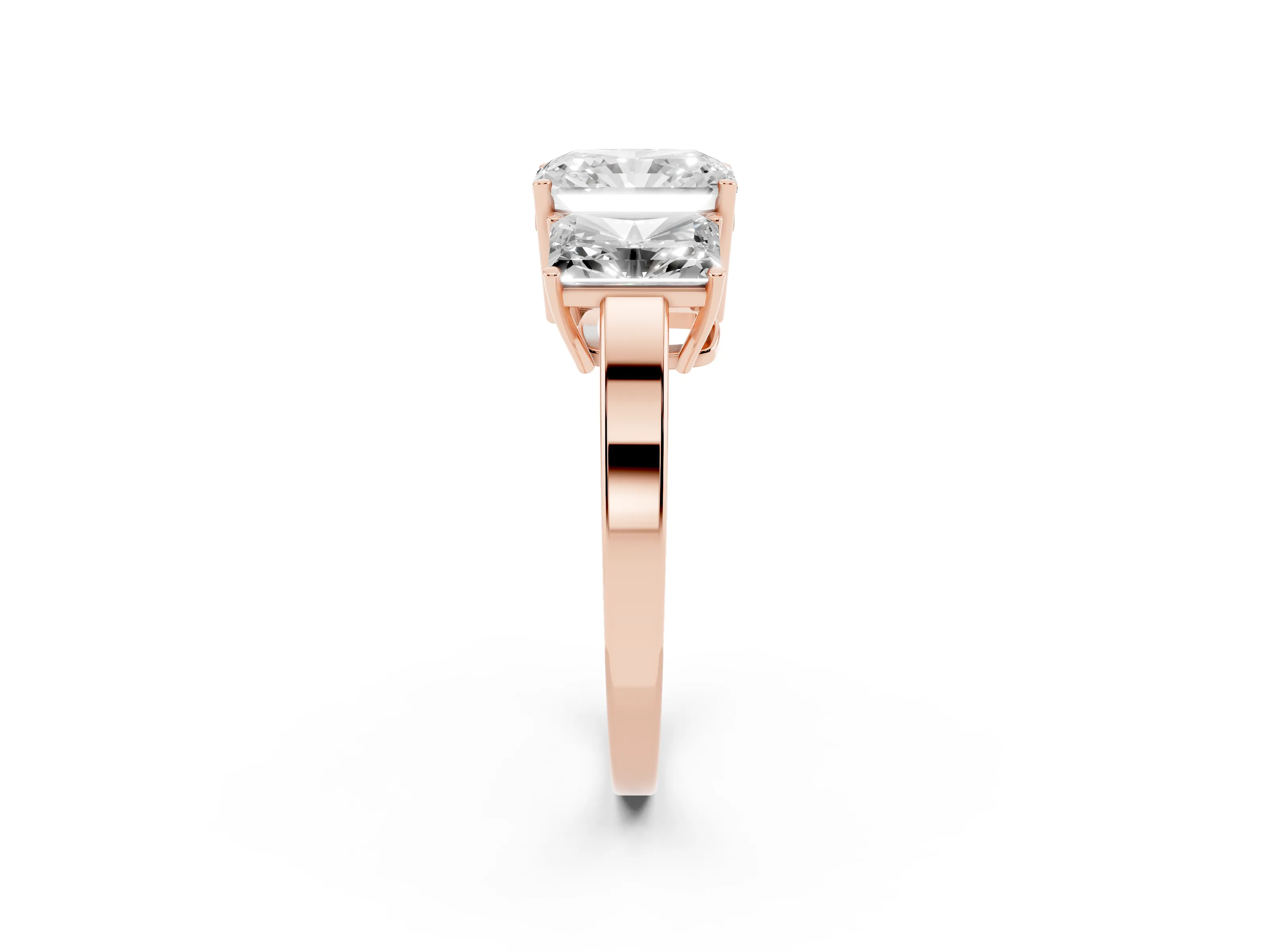 Radiant Cut Diamond Three-Stone Engagement Ring Set in Rose gold with Flat Band