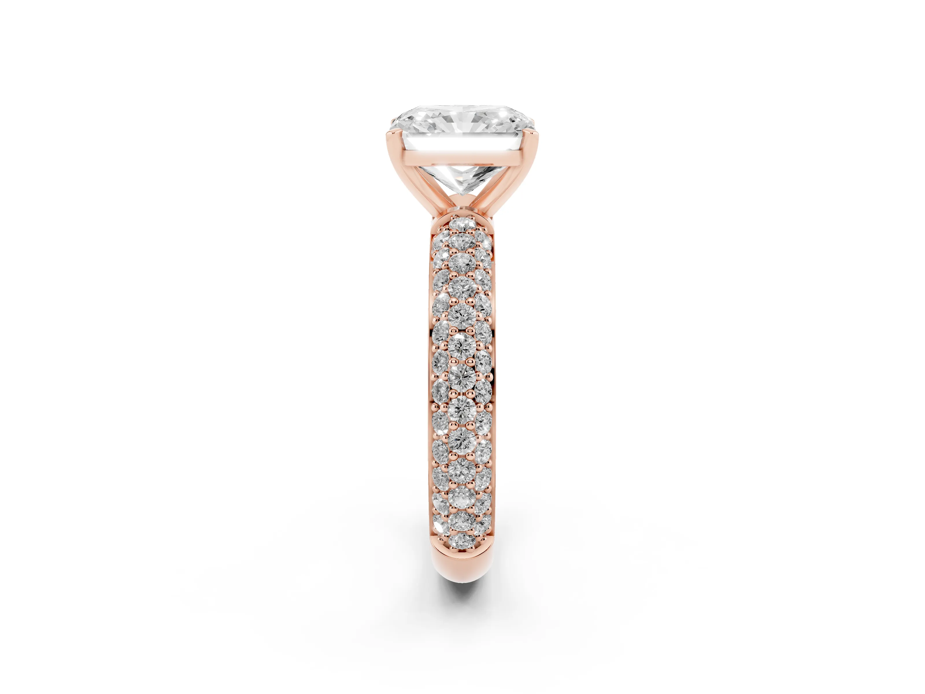 Radiant Cut Diamond Solitaire Ring Set in Rose gold with Prong Setting and Pavé-Set Band