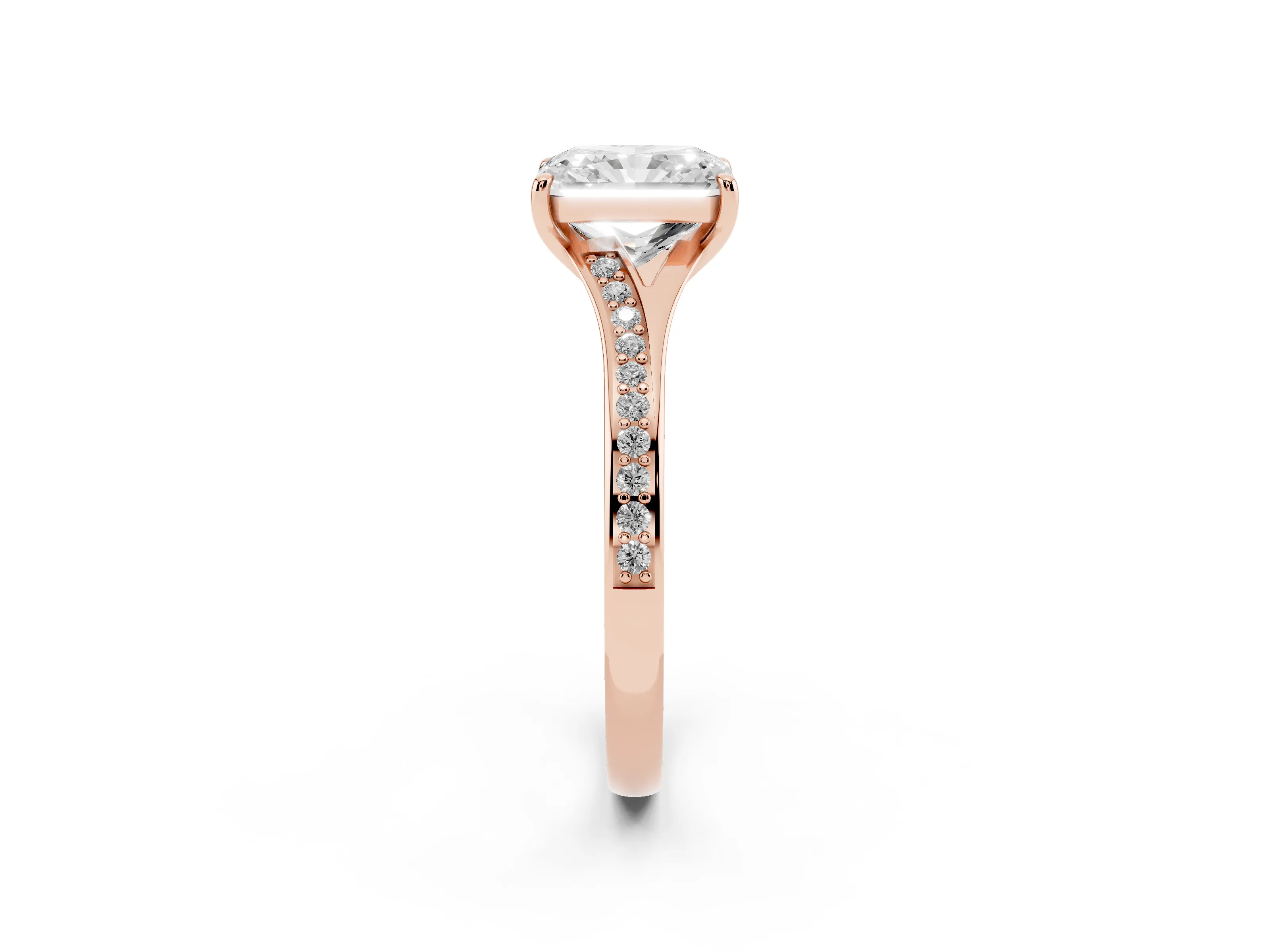 Radiant Cut Diamond Solitaire Ring Set in Rose gold with Pavé Accent Band and Classic Prong Setting