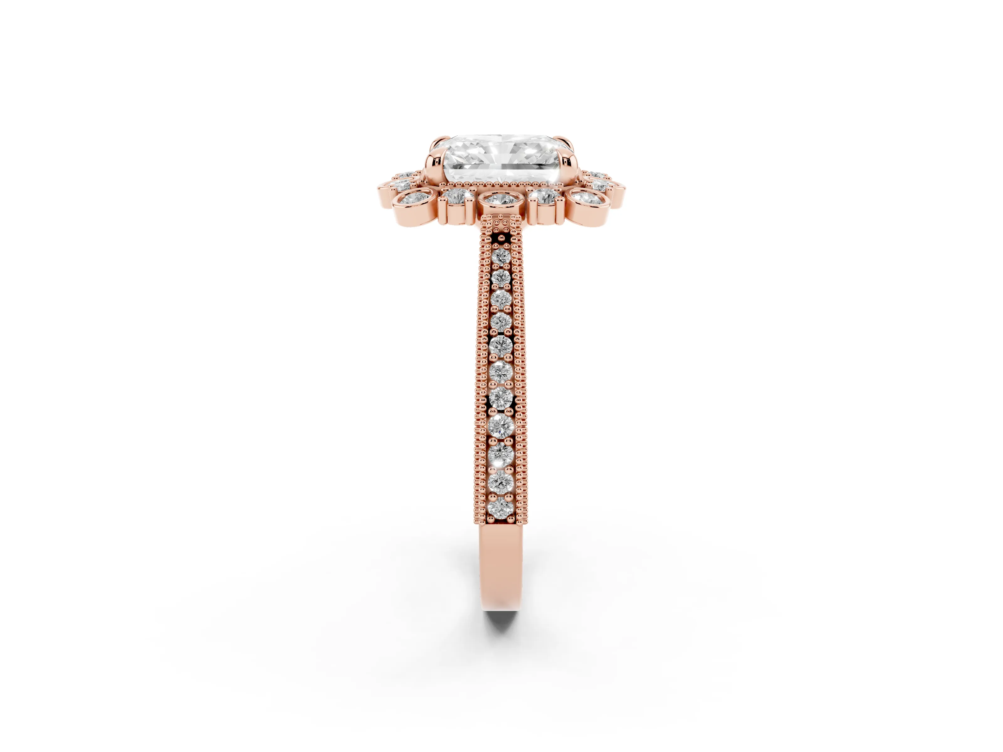 Radiant Cut Diamond Halo Milgrain Pavé Ring Set in Rose gold with Prong Setting