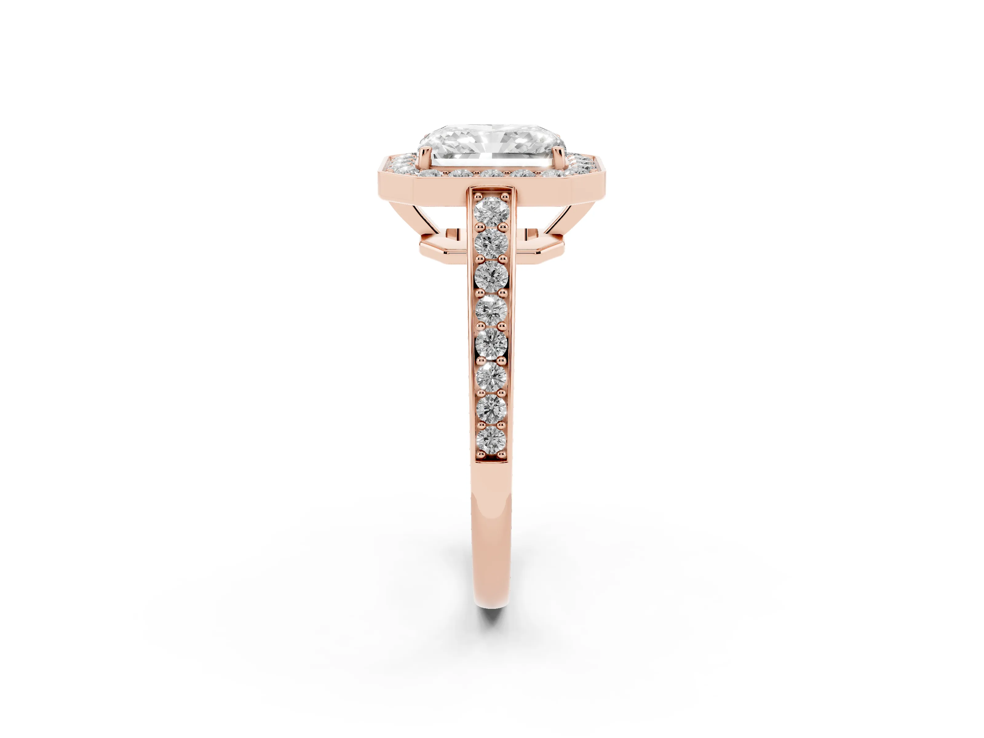 Radiant Cut Diamond Halo Pavé Engagement Ring Set in Rose gold with Bezel Setting