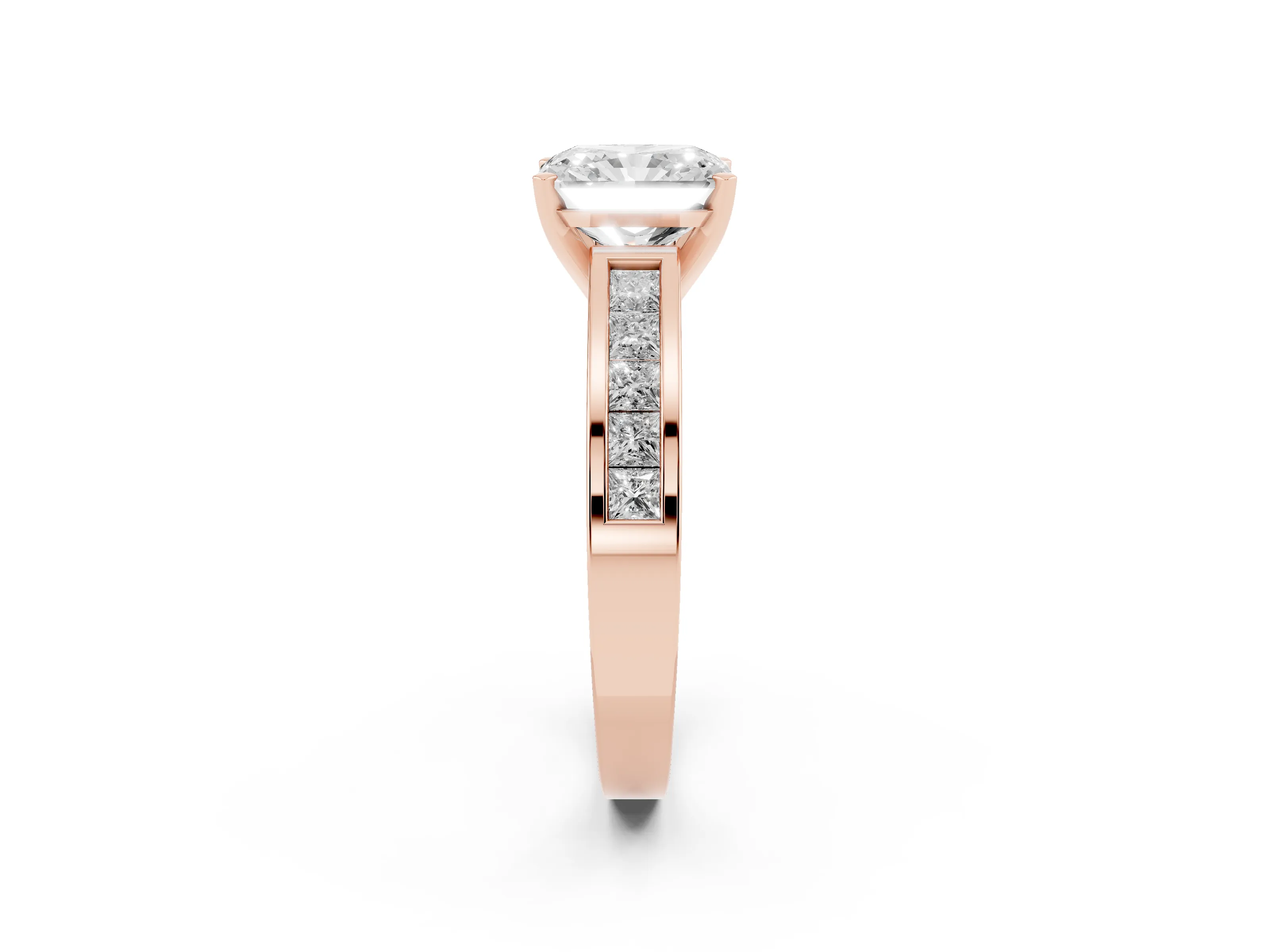 Radiant Cut Diamond Solitaire Ring Set in Rose gold with Channel-Set Band and Prong Setting