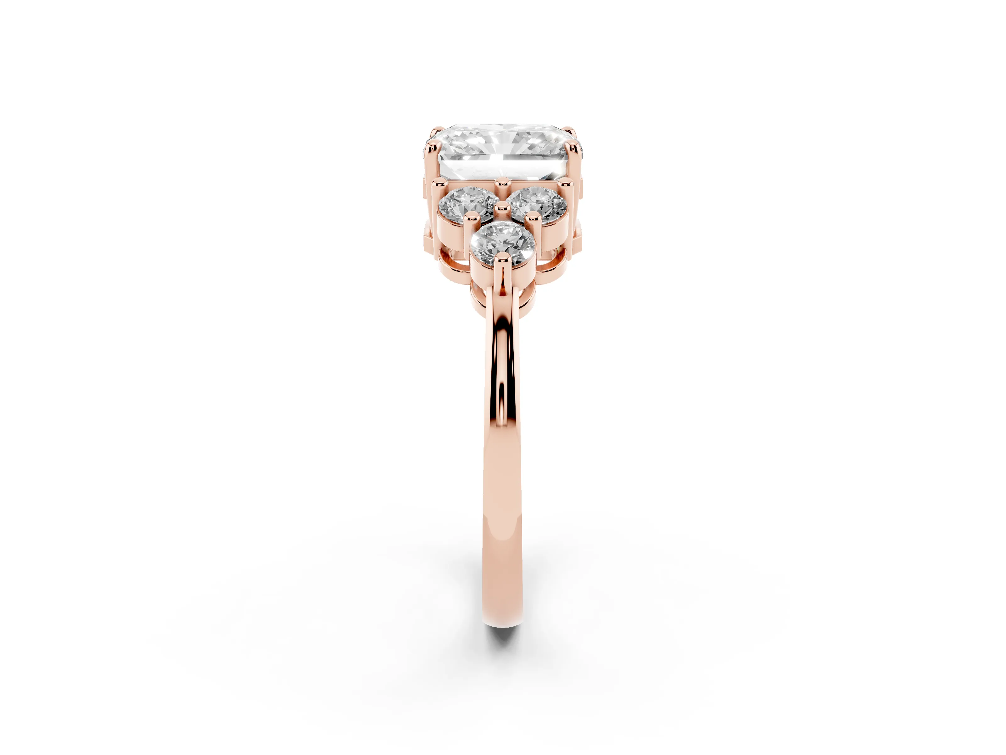 Radiant Cut Diamond Solitaire Ring Set in Rose gold with Cluster Accents on Each Side