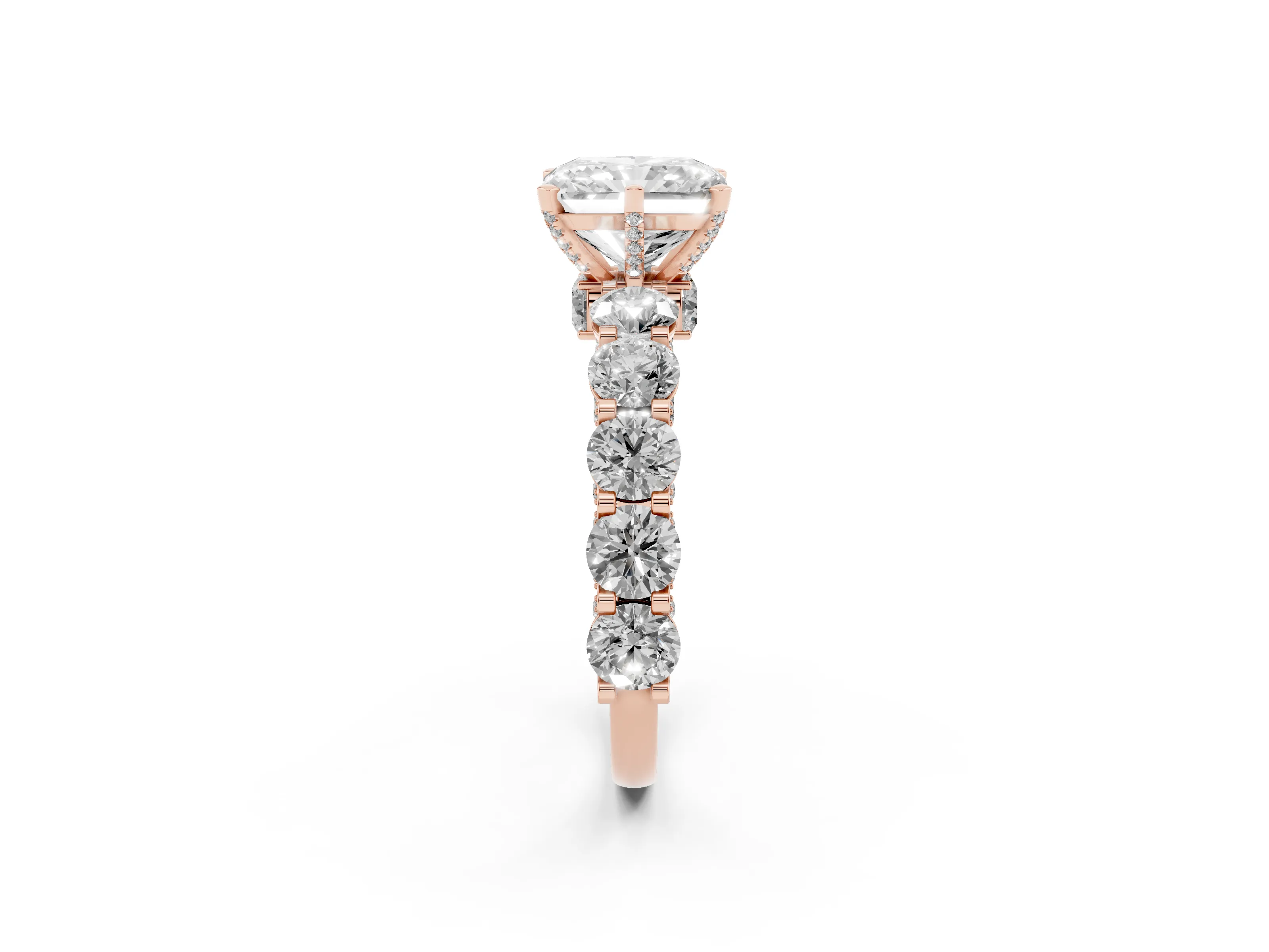 Radiant Cut Diamond Side Stone Ring Set in Rose gold with Alternating Round and Oval Side Stones
