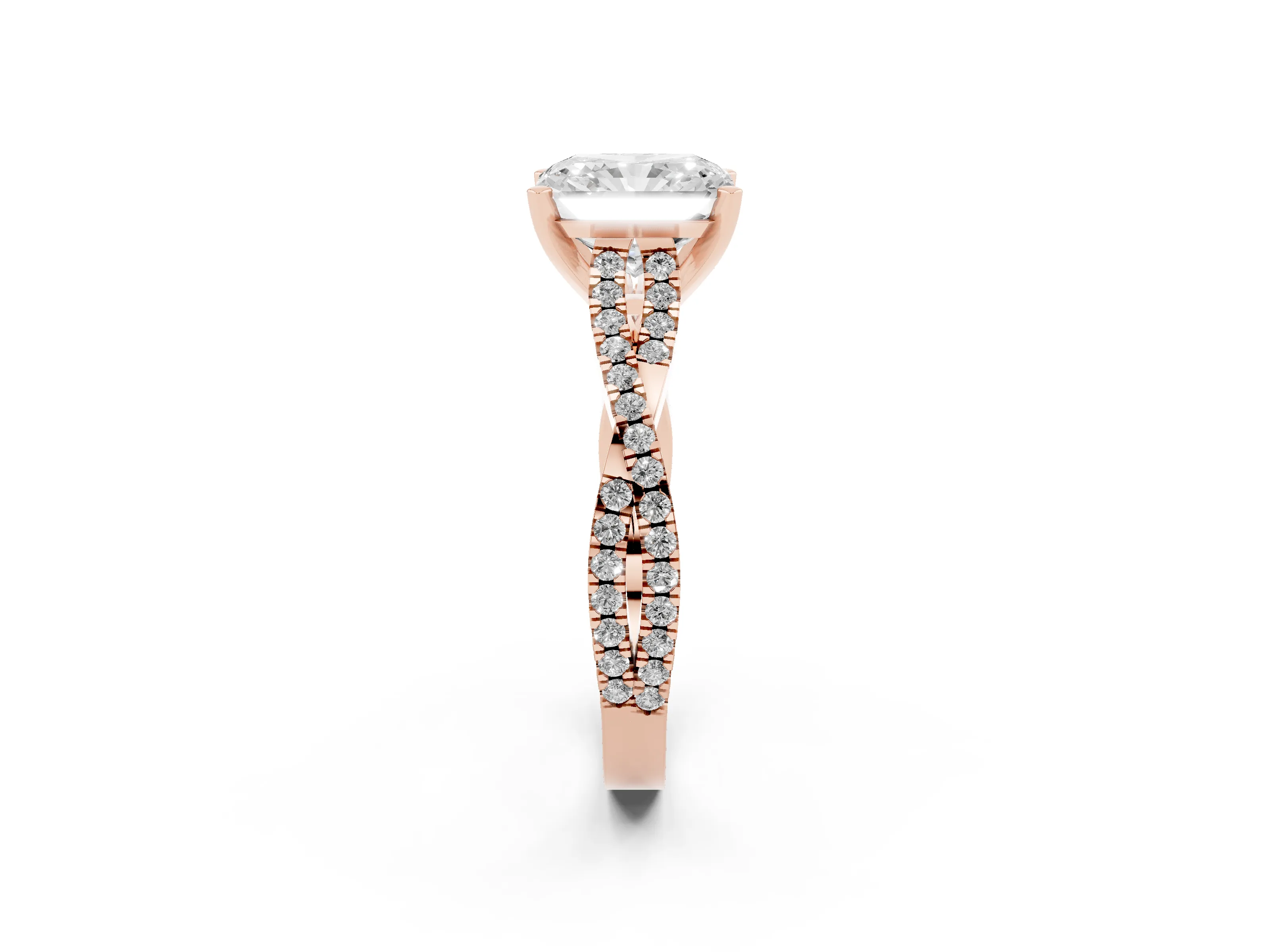 Radiant Cut Diamond Solitaire Engagement Ring Set in Rose gold with Twisted Pavé Band and Prong Setting