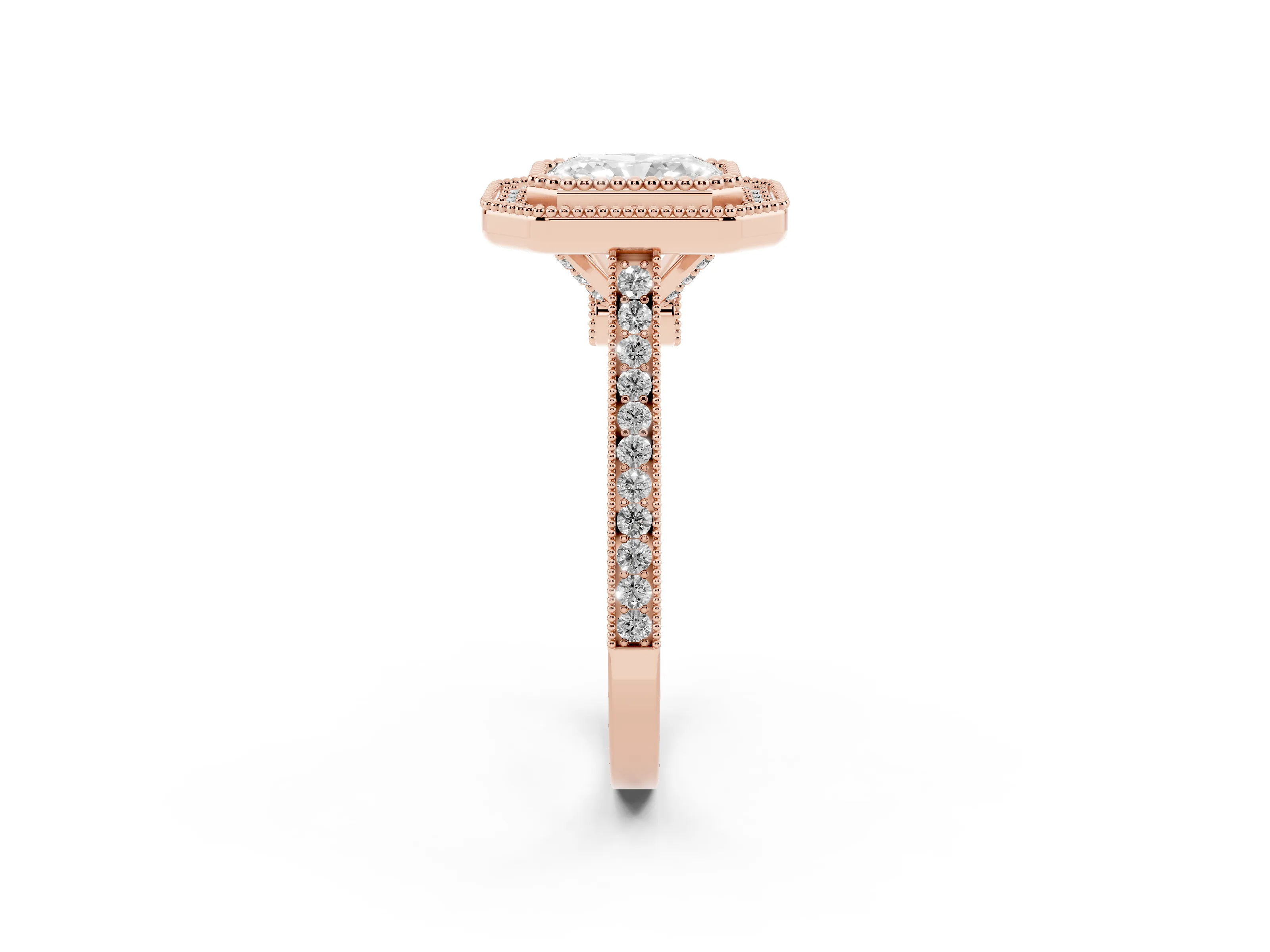Radiant Cut Diamond Halo Ring Set in Rose gold with Milgrain Frame and Pavé Band
