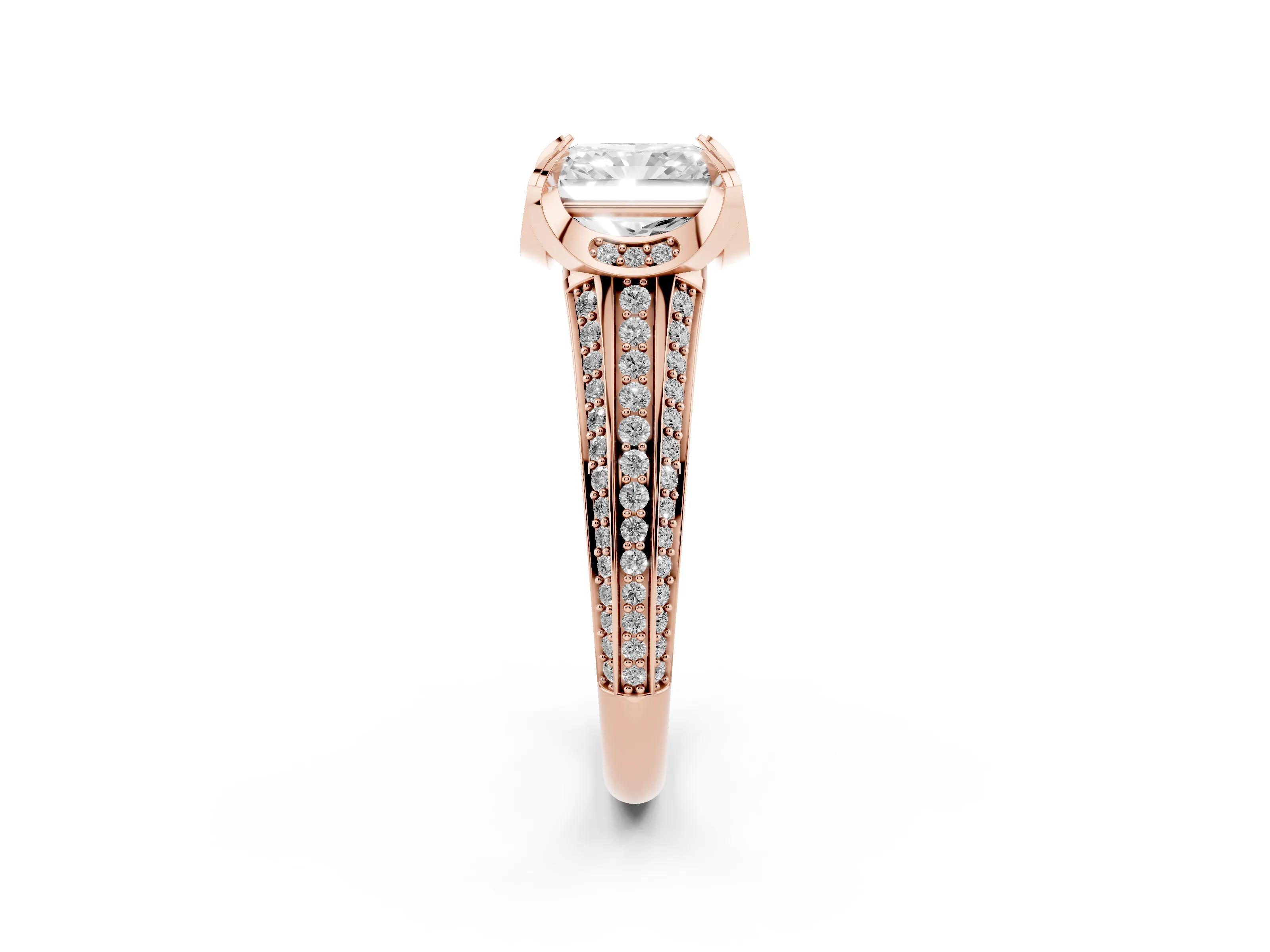 Radiant Cut Diamond Pavé Split Shank Solitaire Ring Set in Rose gold with Prong Setting