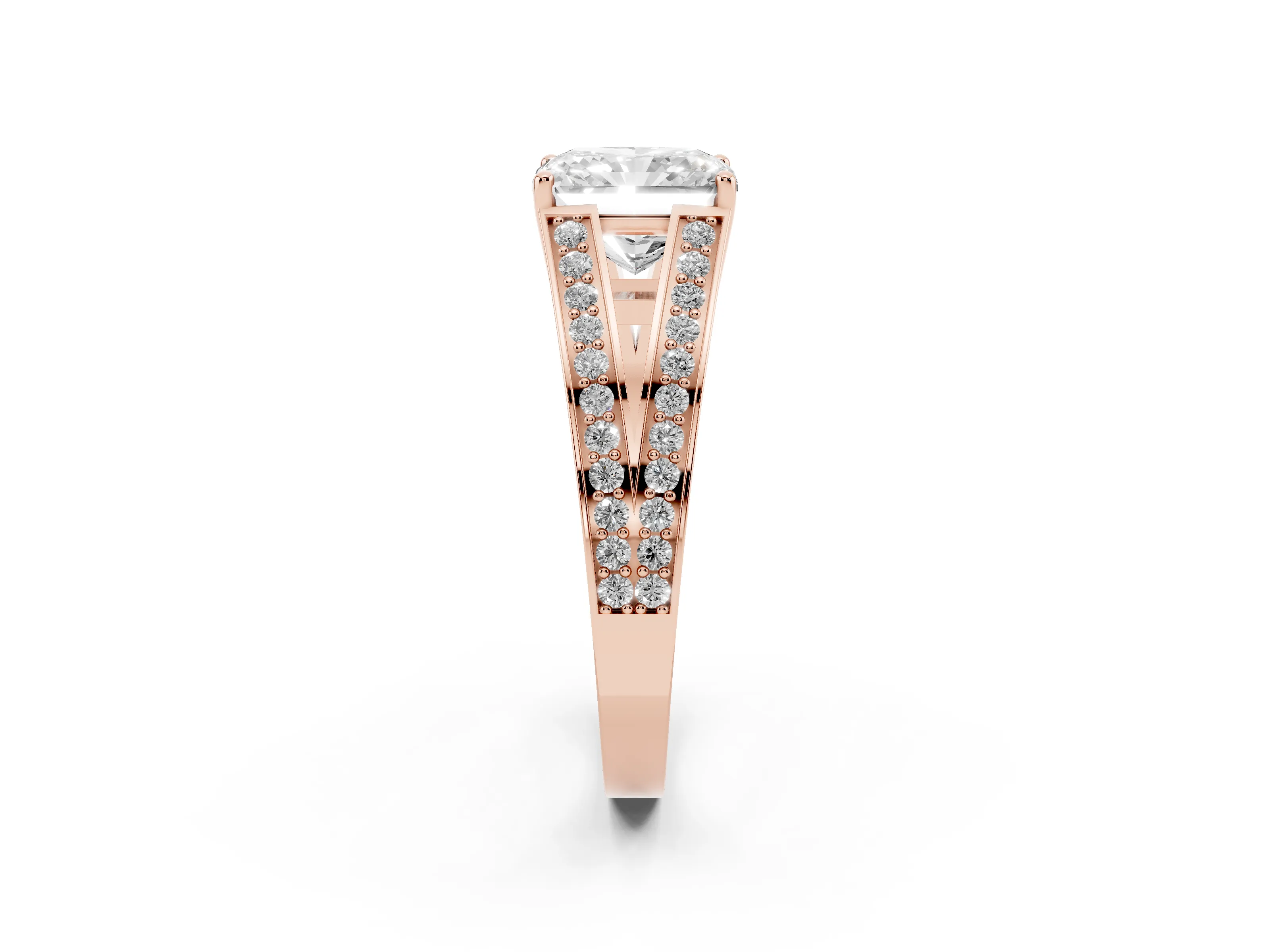 Radiant Cut Diamond Split Shank Ring Set in Rose gold with Pavé Band and Prong Setting