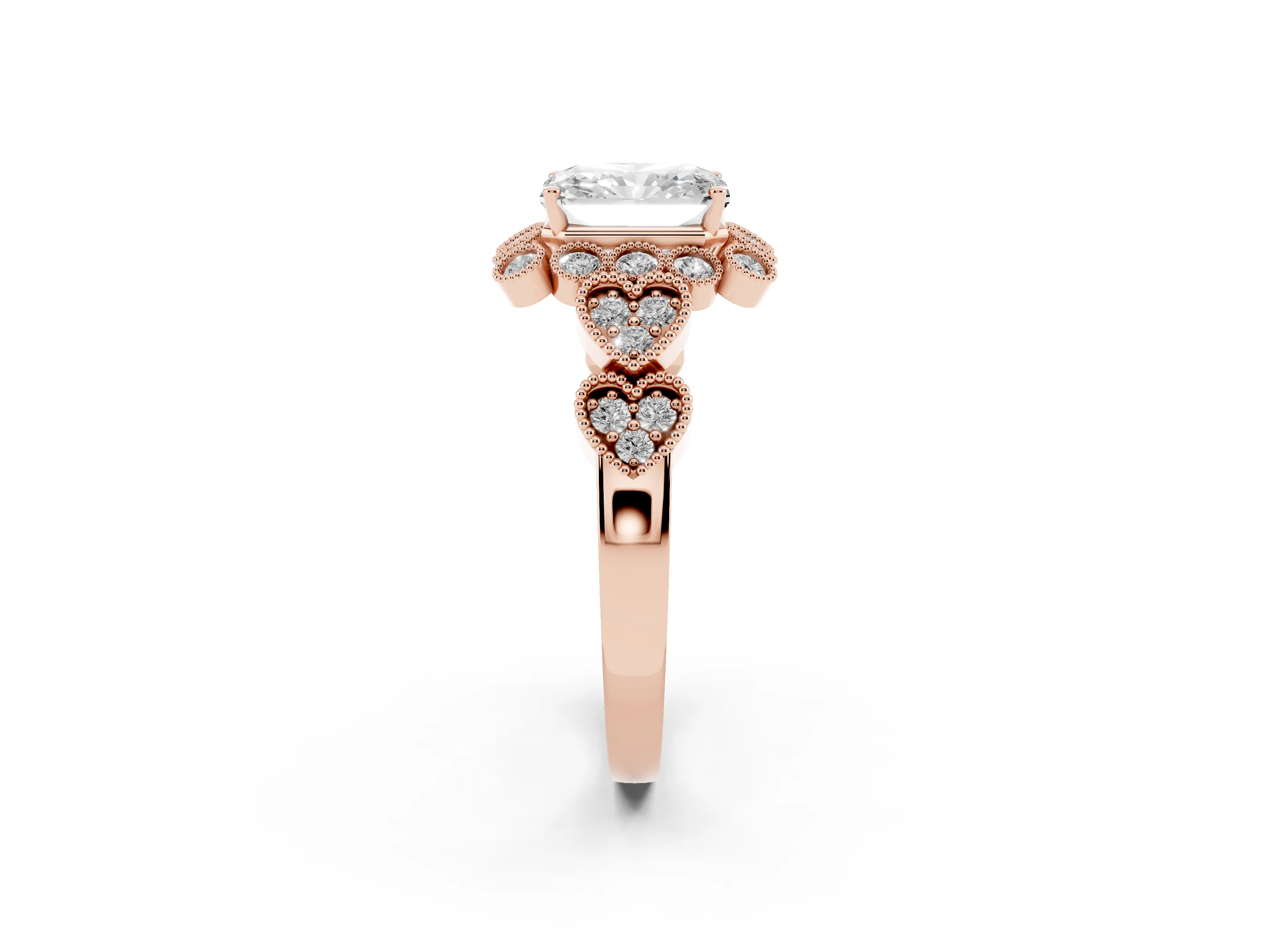Radiant Cut Diamond Solitaire Ring Set in Rose gold with Milgrain Pavé Heart Band
