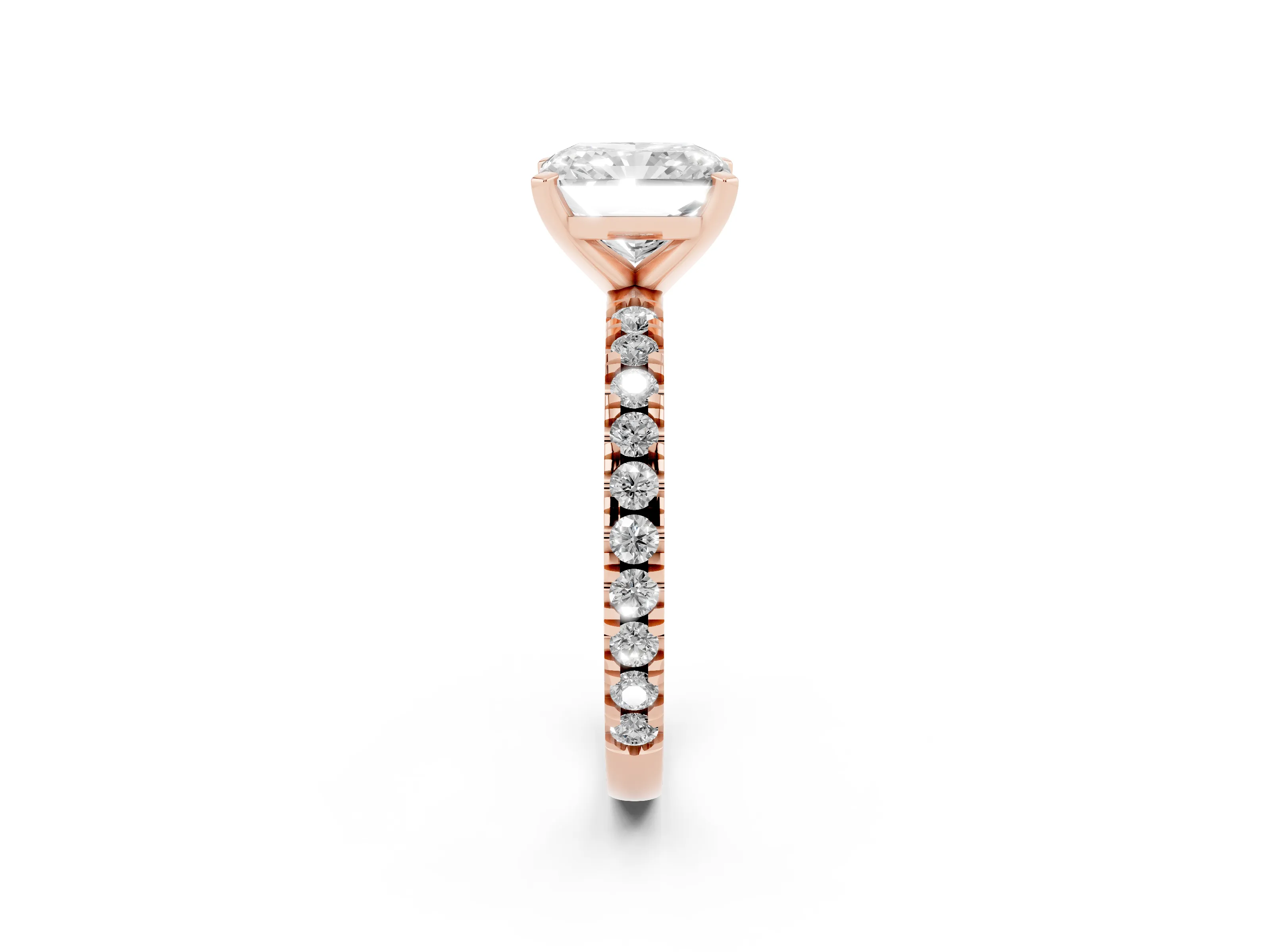 Radiant Cut Diamond Pavé Band Solitaire Set in Rose gold with Prong Setting