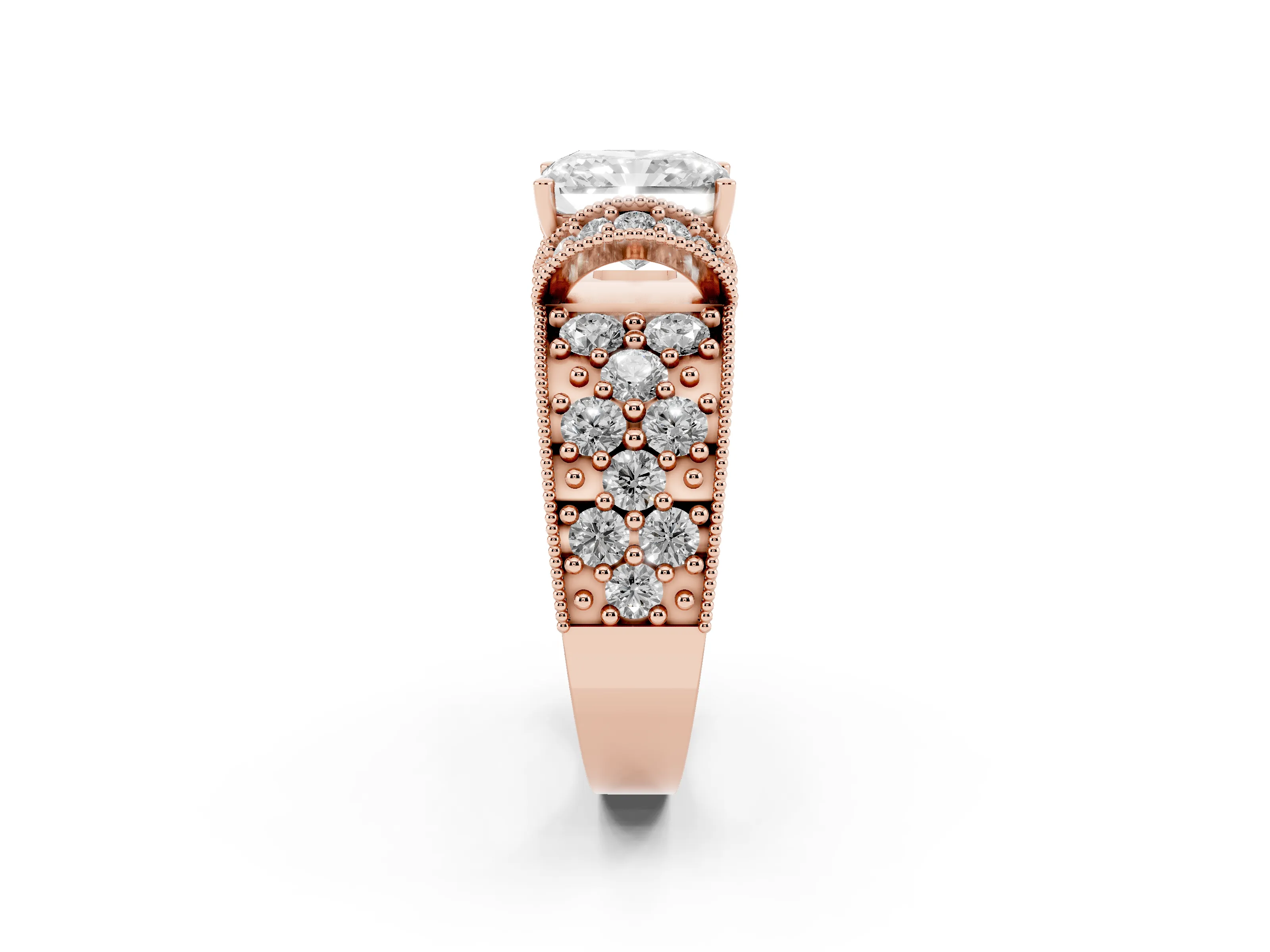 Radiant Cut Diamond Milgrain Halo Pavé Engagement Ring Set in Rose gold with Prong Setting
