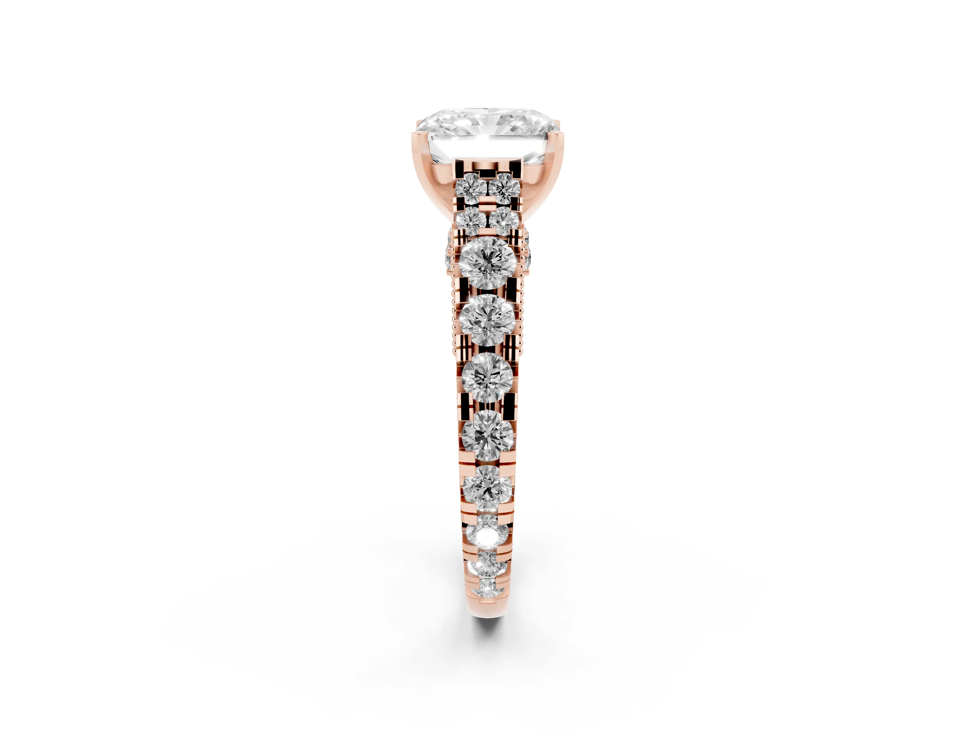 Radiant Cut Diamond Classic Solitaire Ring Set in Rose gold with Pavé Band and Prong Setting