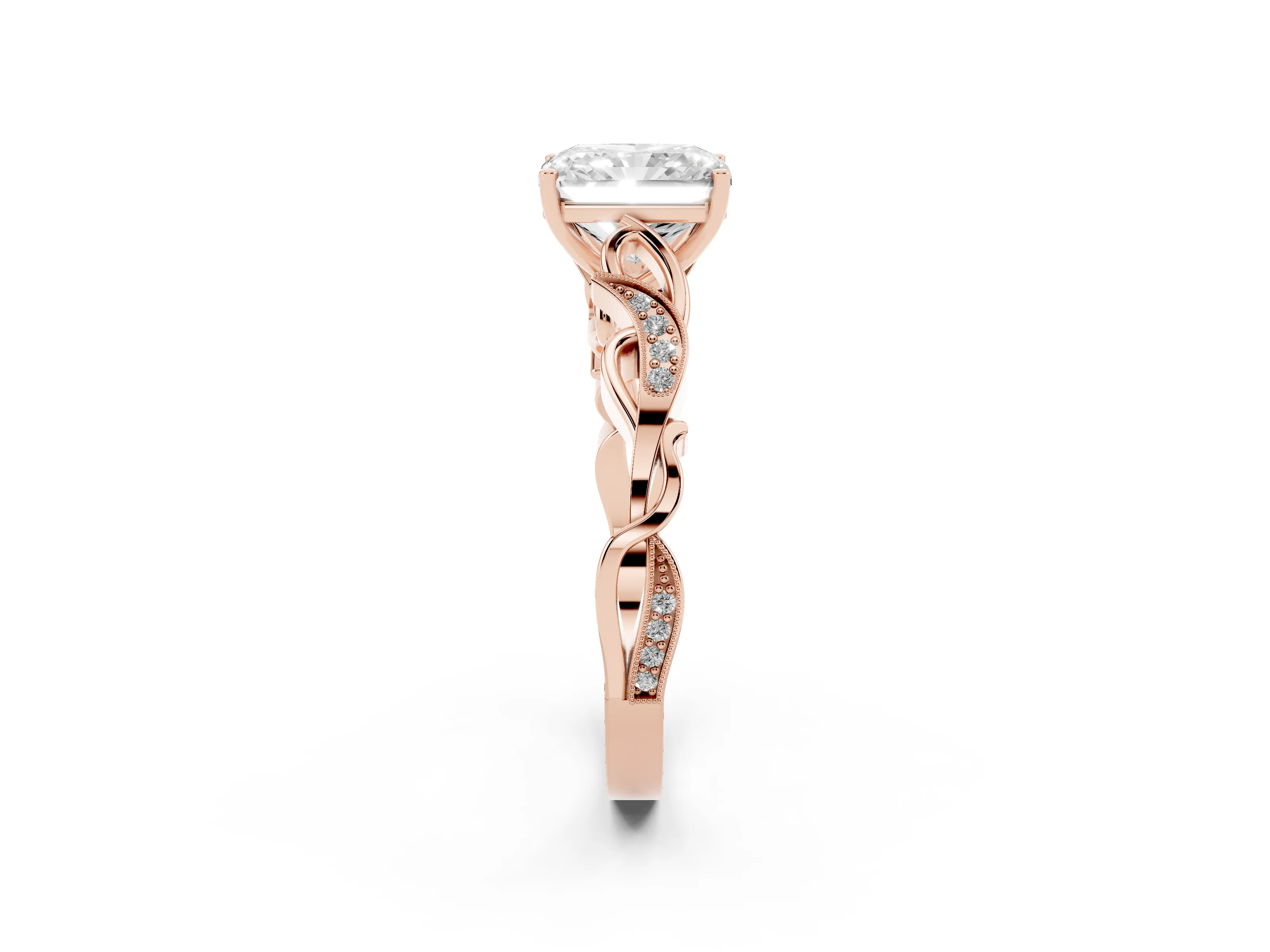 Radiant Cut Diamond Vine Band Solitaire Ring Set in Rose gold with Milgrain Prong Setting