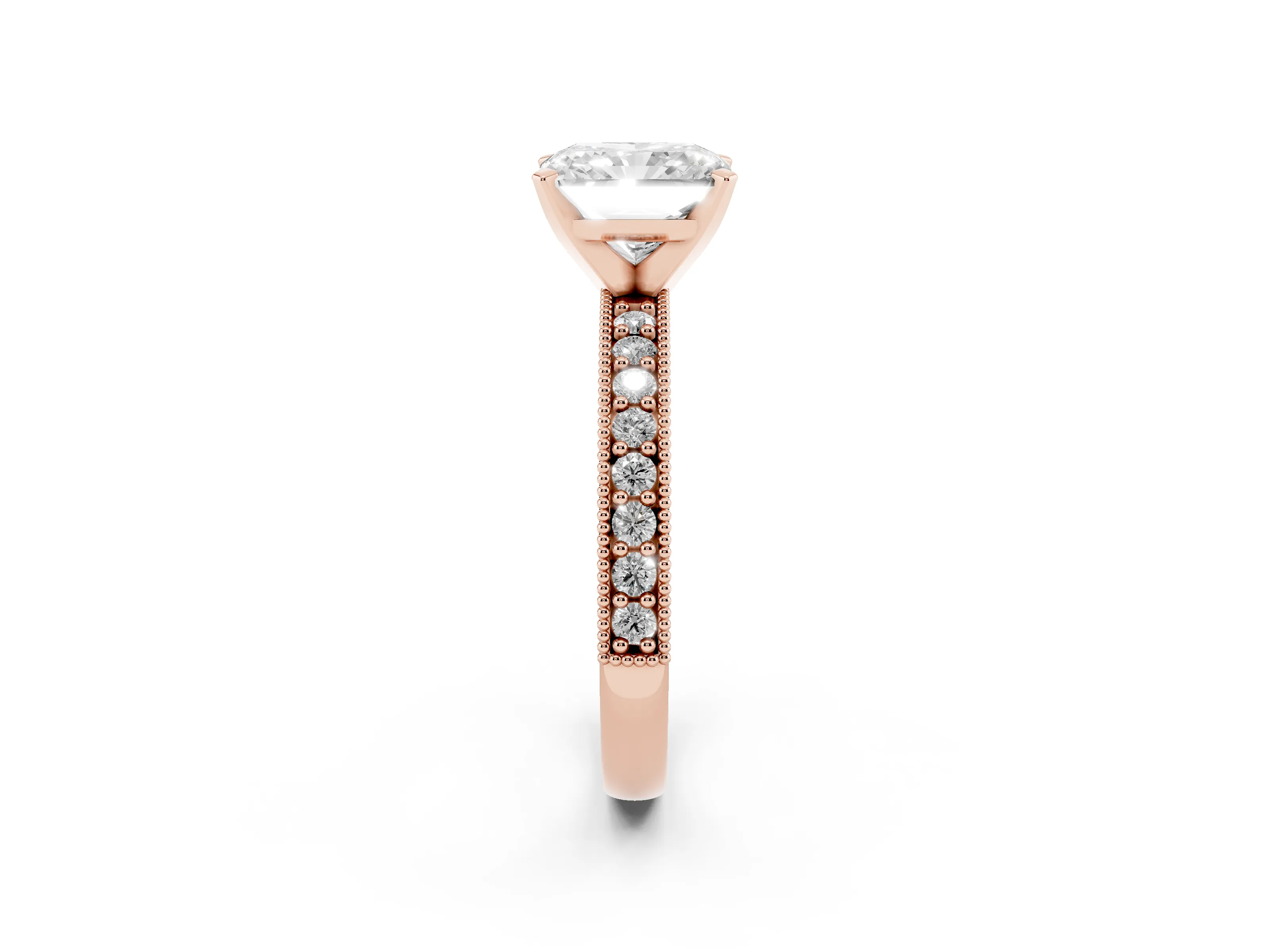 Radiant Cut Diamond Milgrain Pavé Engagement Ring Set in Rose gold with Prong Setting