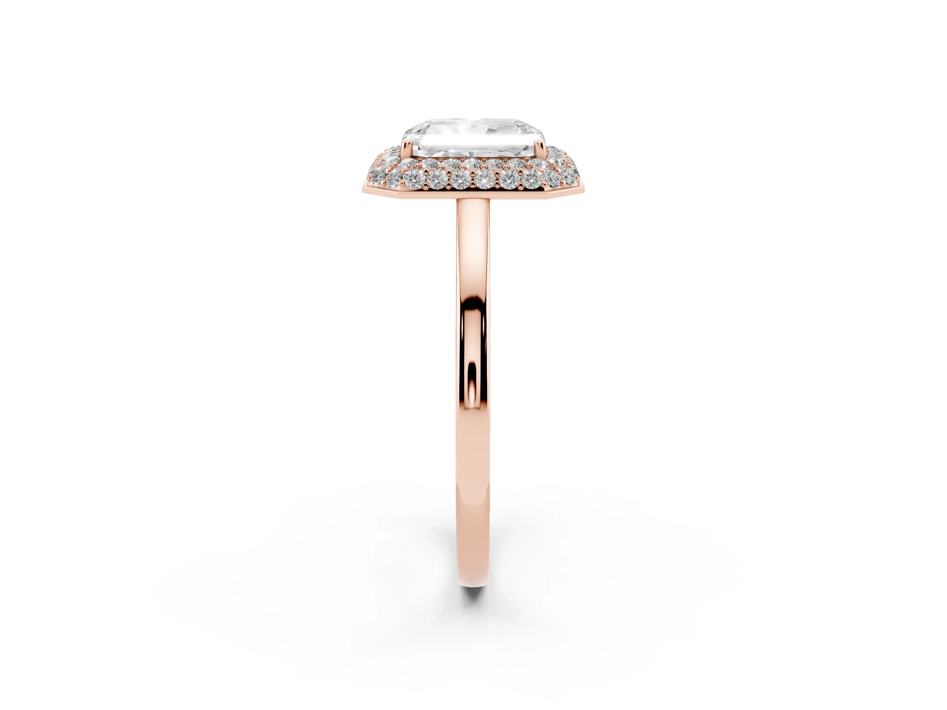 Radiant Cut Diamond Halo Engagement Ring Set in Rose gold with Solitaire Band and Prong Setting